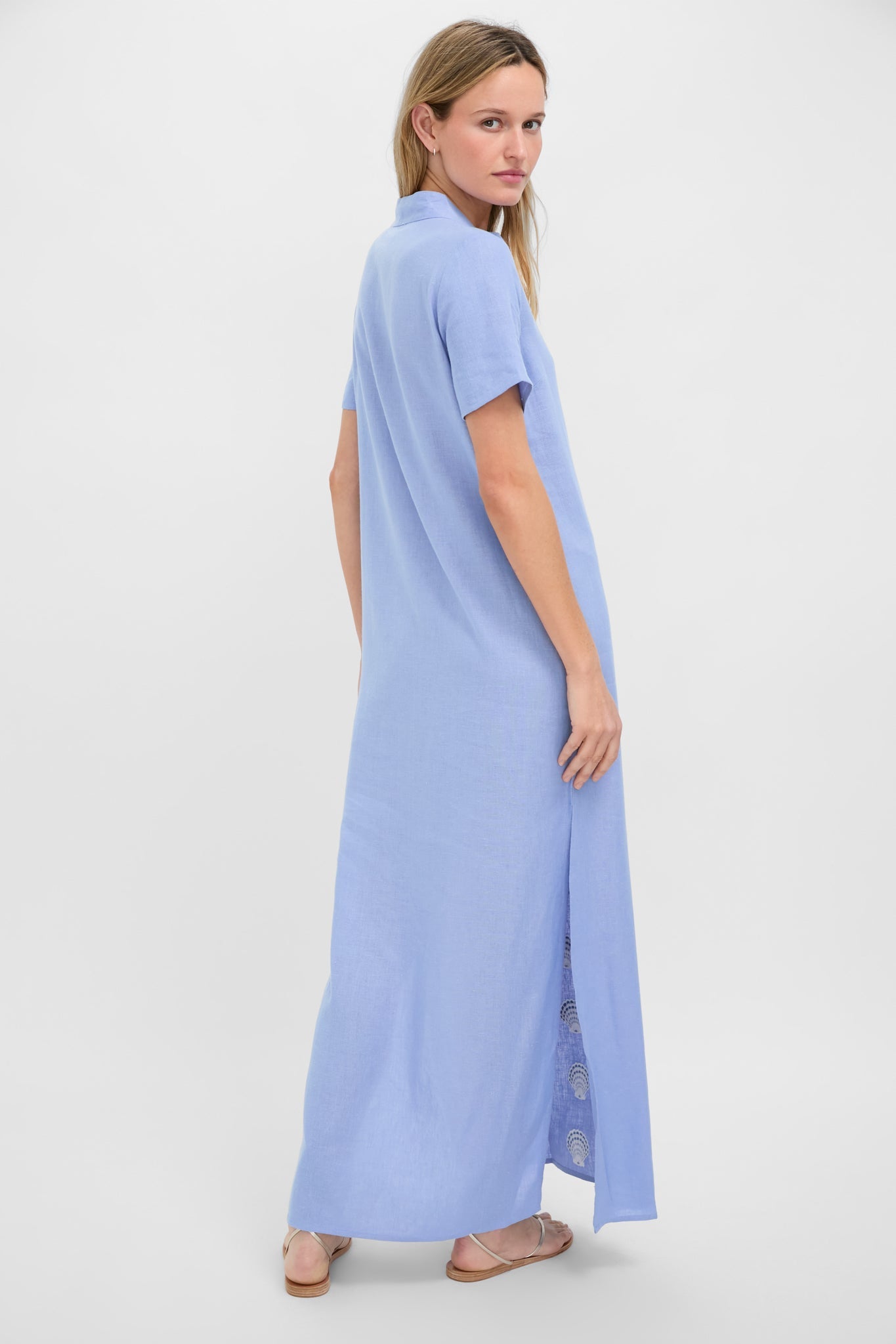 Blue and White Embroidered Shell Short Sleeve Caftan