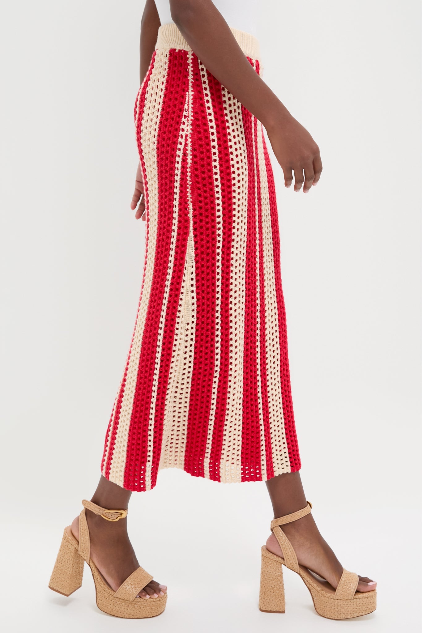 Burnt Red & Beige Striped Knit Ren Midi Skirt