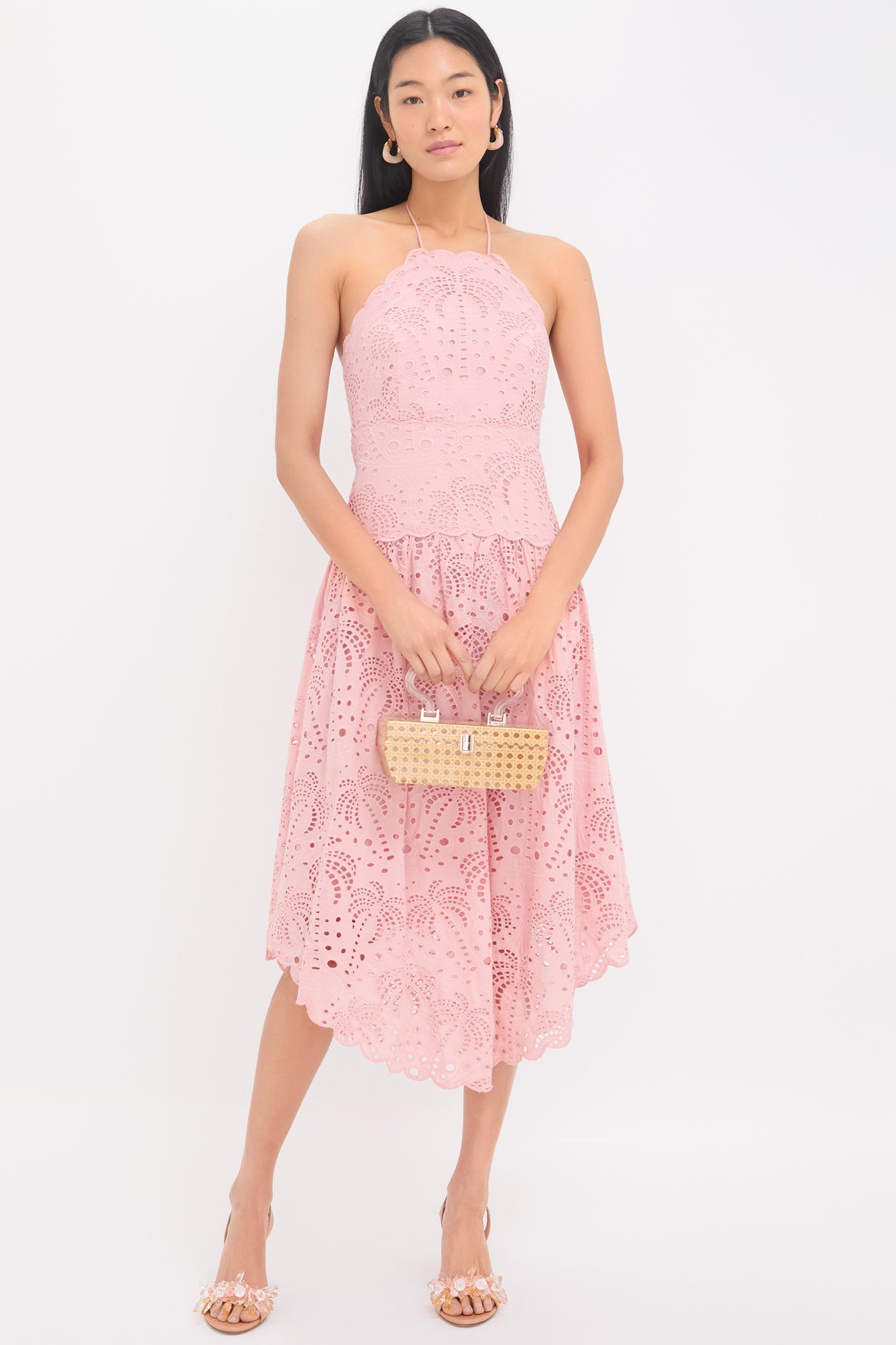 Palm Tree Eyelet Blush Pink Sleeveless Midi Dress