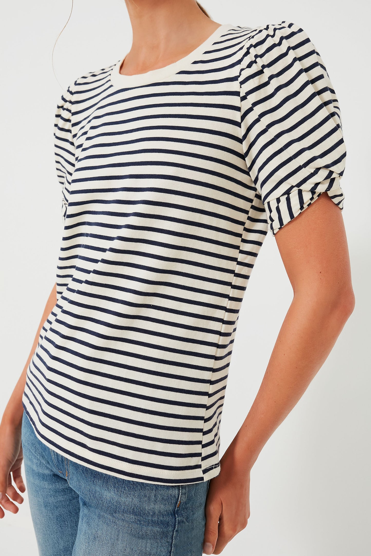 Navy Striped Vesty Puff Short Sleeve Crewneck
