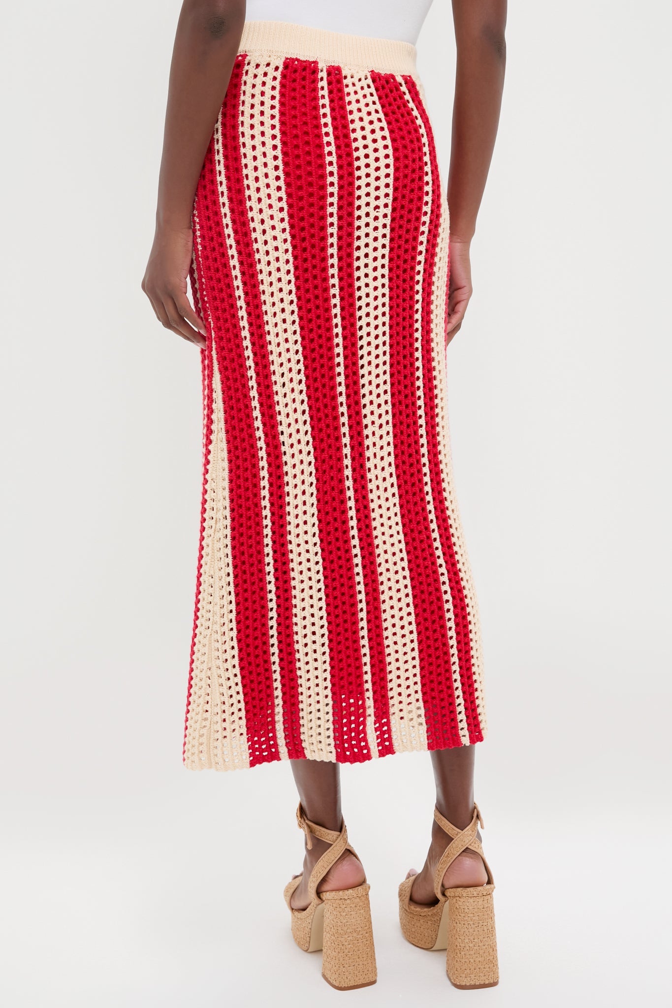 Burnt Red & Beige Striped Knit Ren Midi Skirt