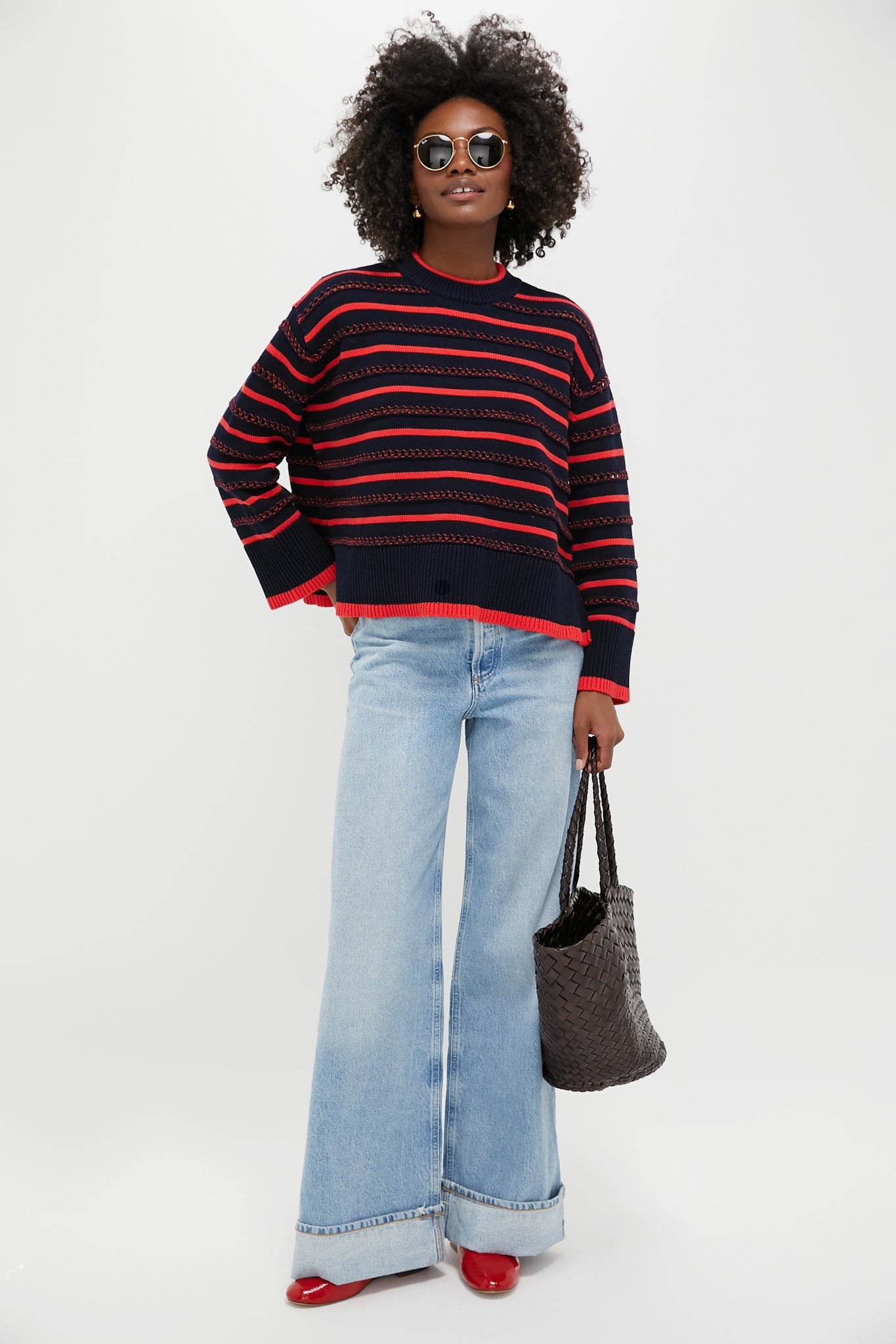 Navy and Red Pointelle Stripe Maxine Sweater
