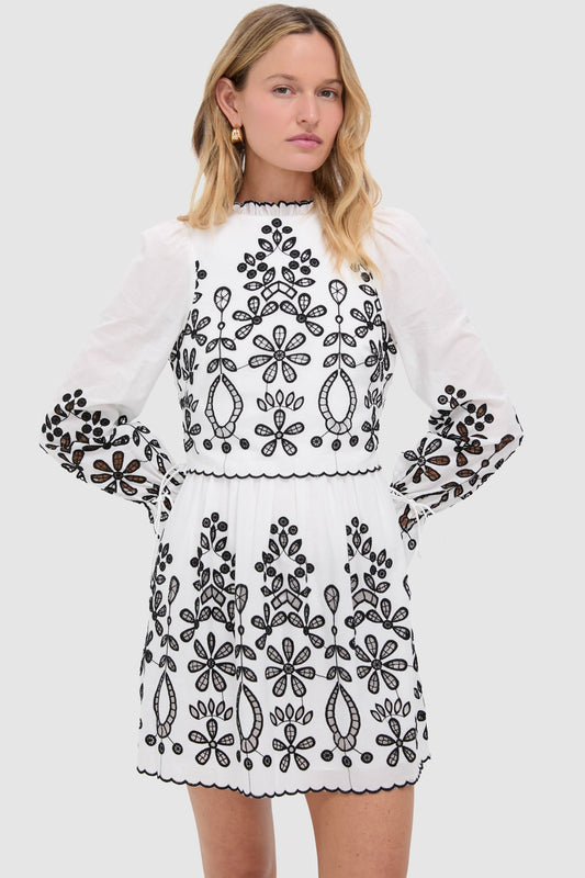 Black and White Embroidered Magda Mini Dress