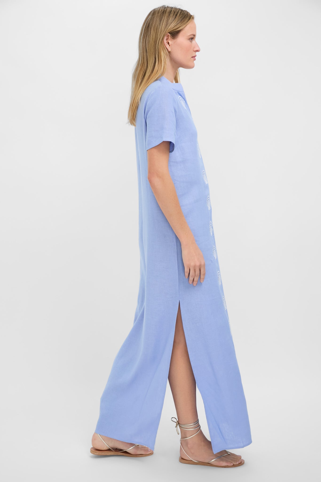 Blue and White Embroidered Shell Short Sleeve Caftan