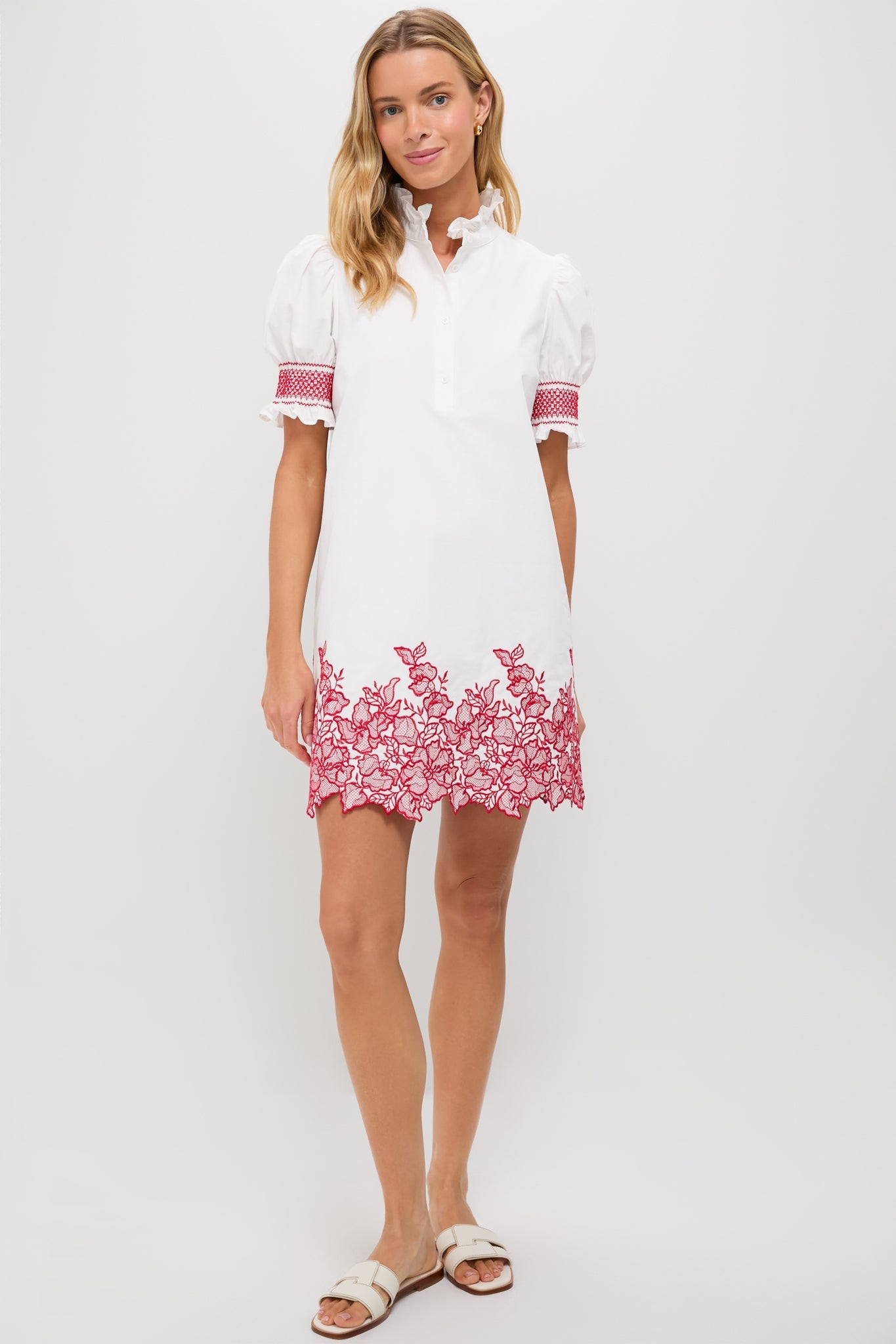 White & Red Embroidery Eliza Mini Dress