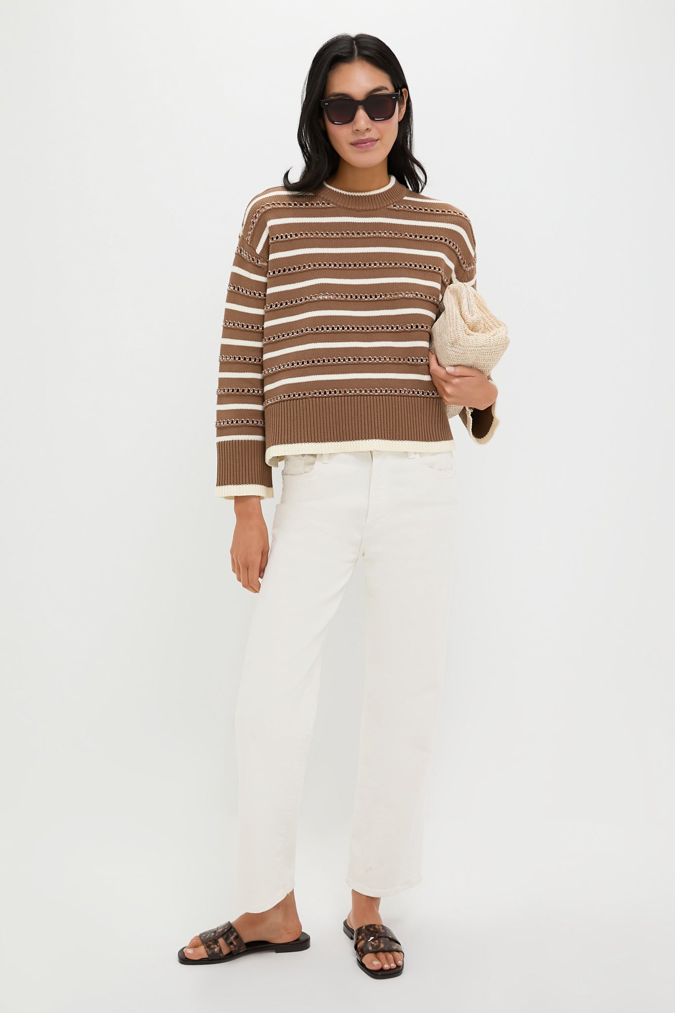 Mocha and Ivory Pointelle Stripe Maxine Sweater