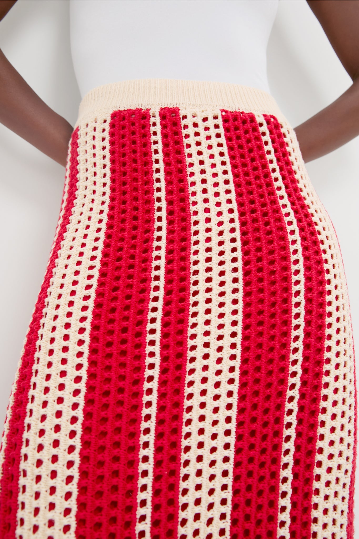 Burnt Red & Beige Striped Knit Ren Midi Skirt