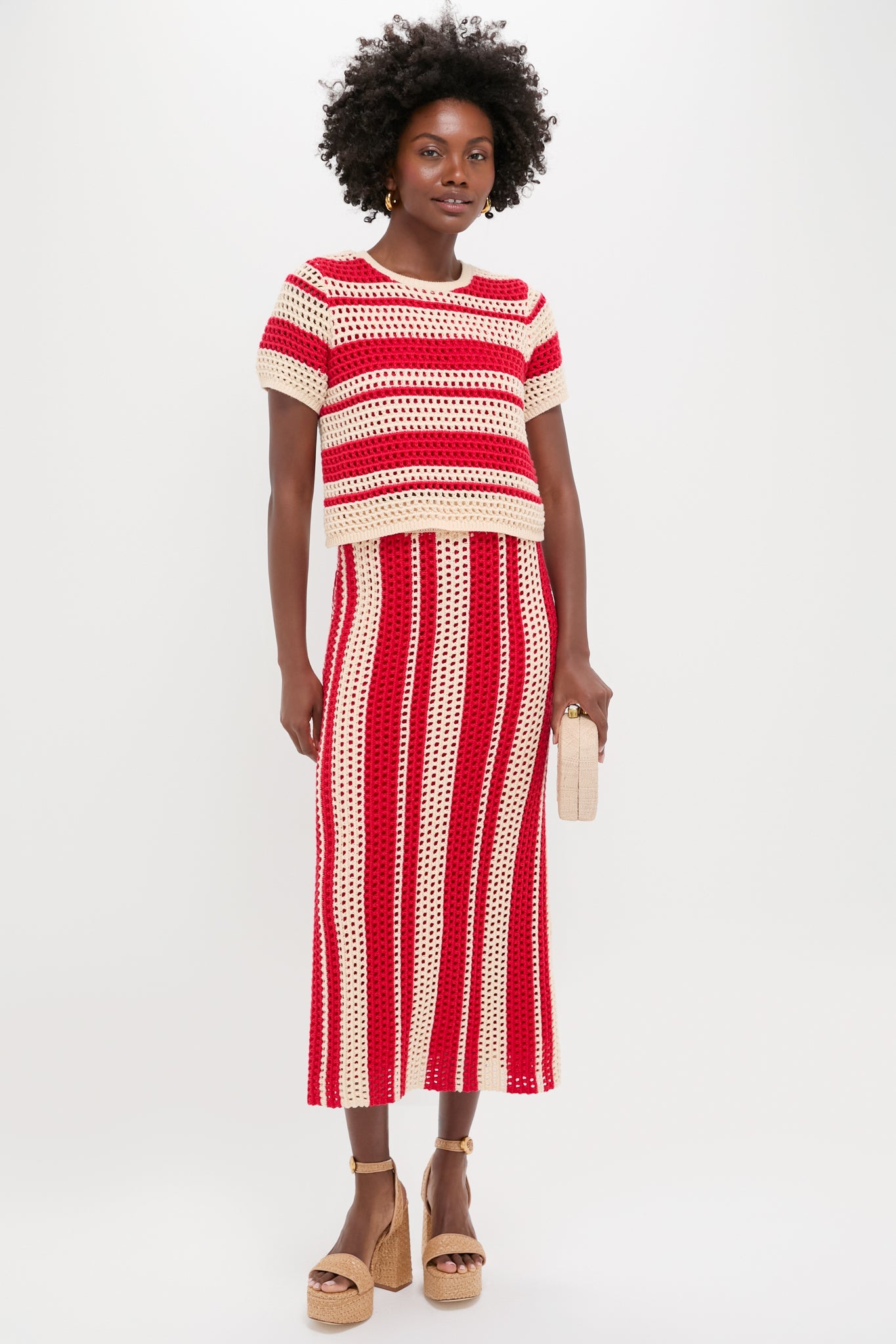 Burnt Red & Beige Striped Knit Ren Midi Skirt