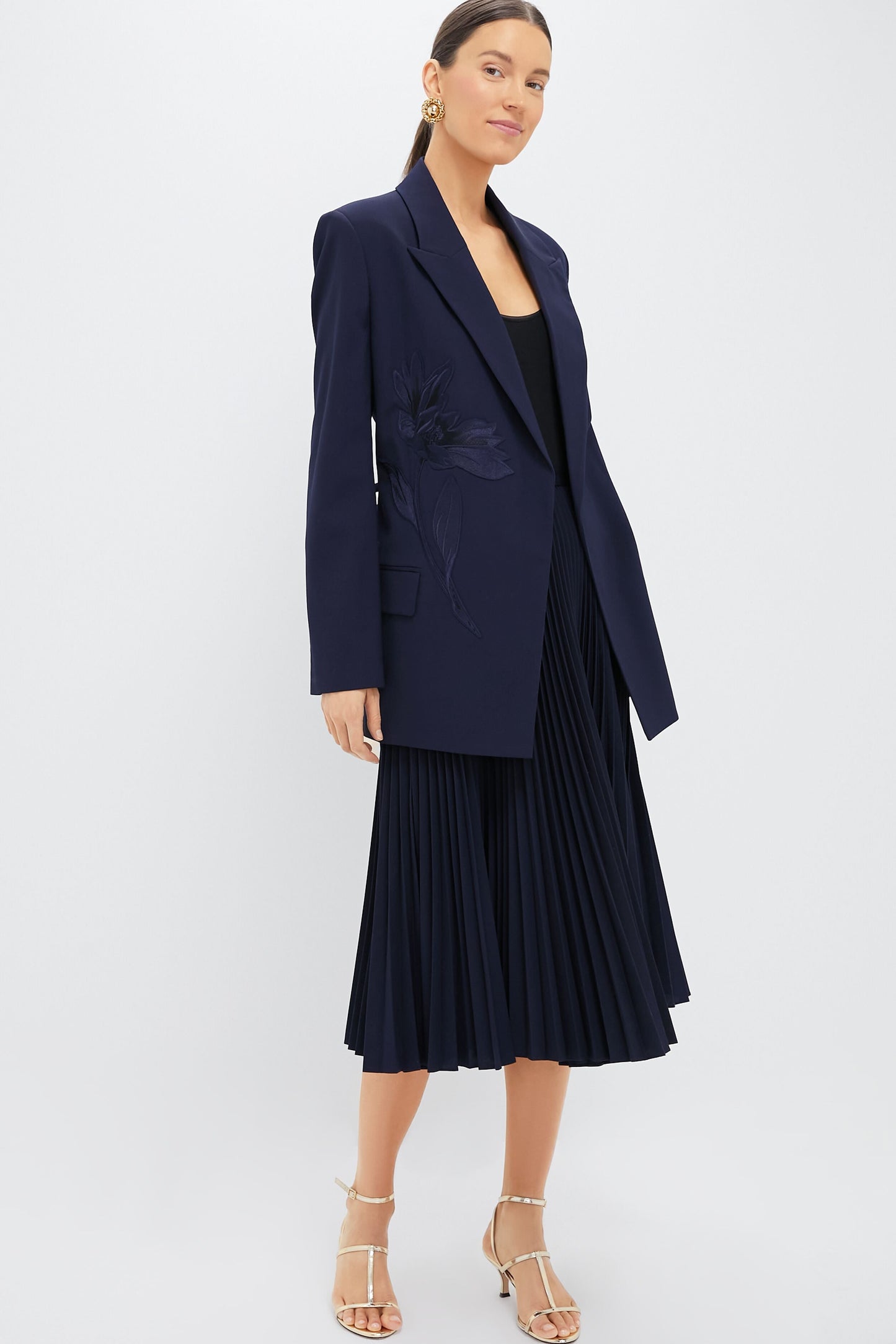 Navy Pleated Midi Skirt