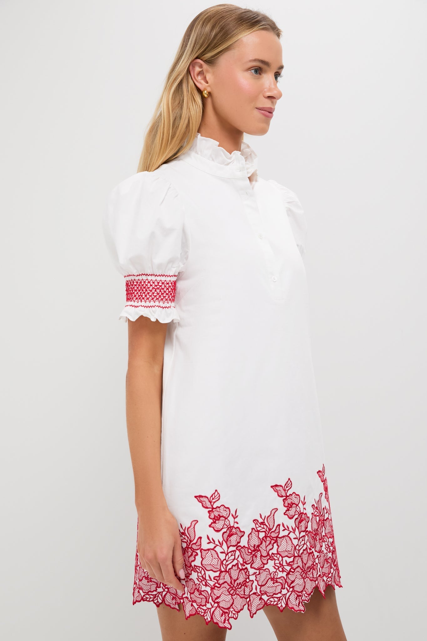 White & Red Embroidery Eliza Mini Dress