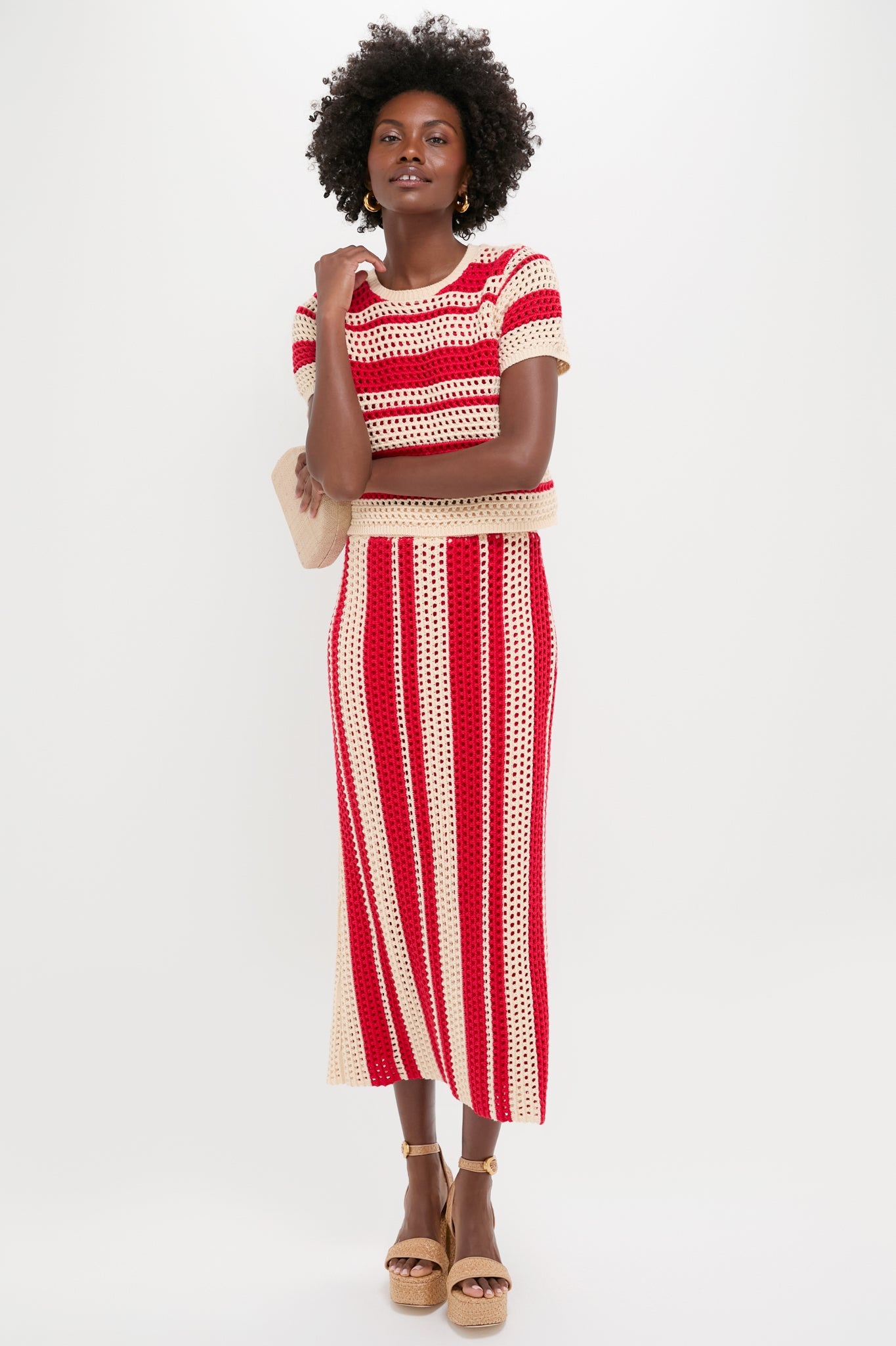Burnt Red & Beige Striped Knit Ren Midi Skirt