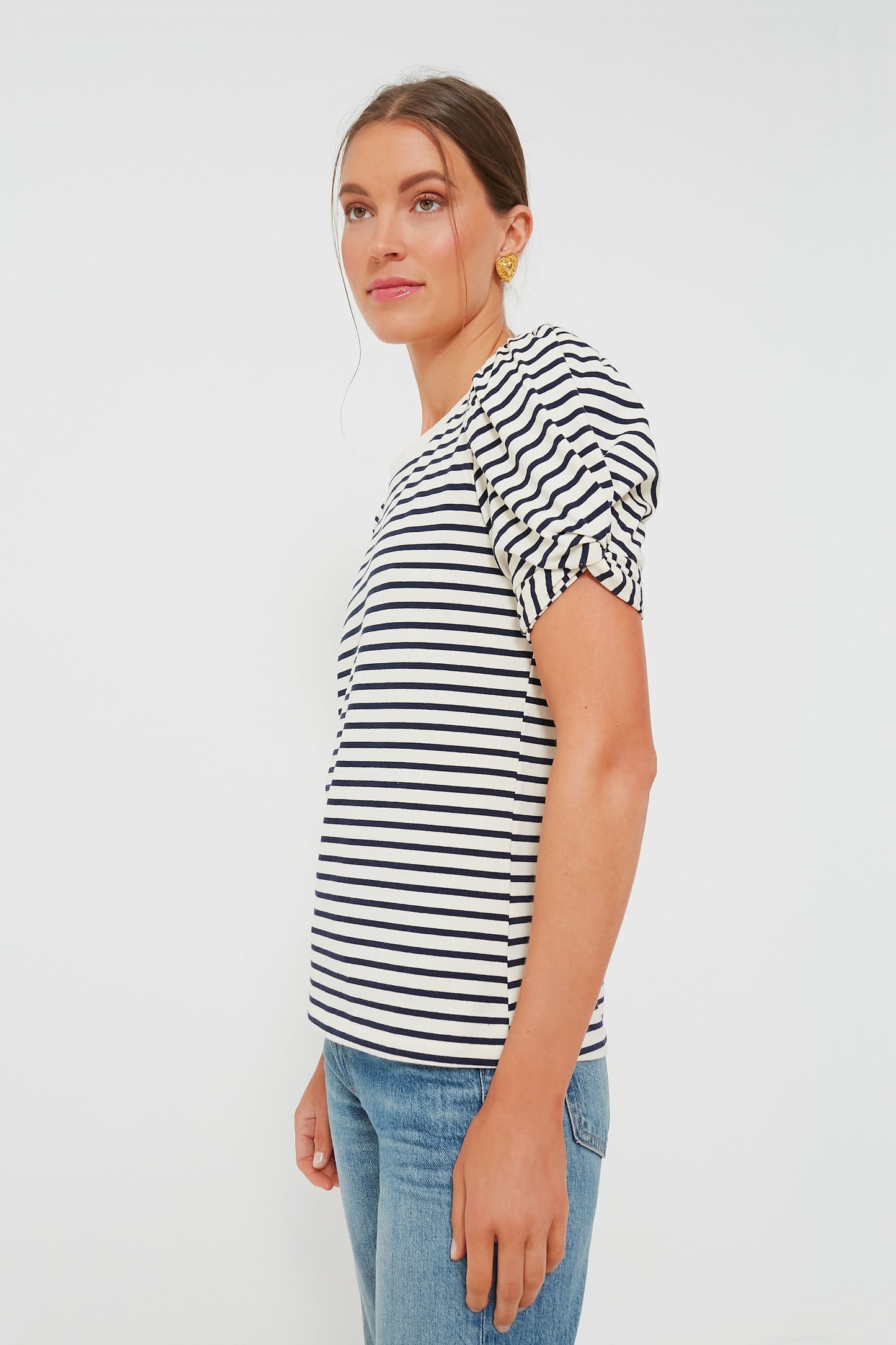 Navy Striped Vesty Puff Short Sleeve Crewneck