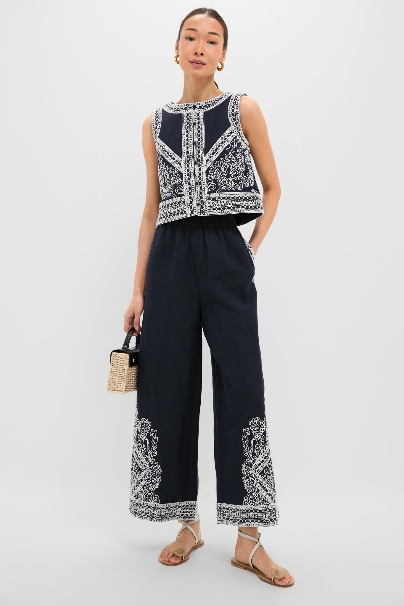 Navy and White Embroidered Emme Pants