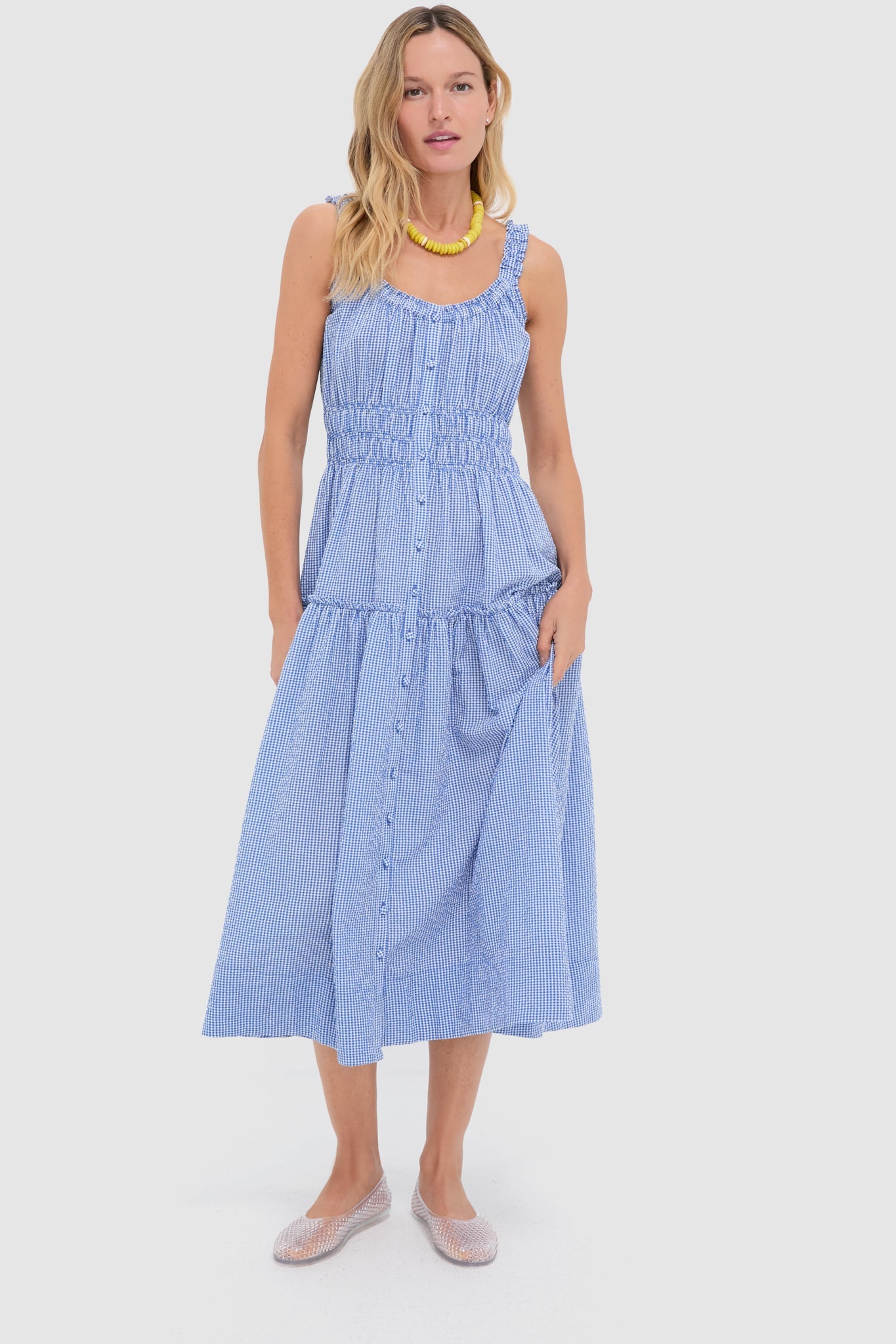 Blue and White Gingham Seersucker Landis Maxi Dress