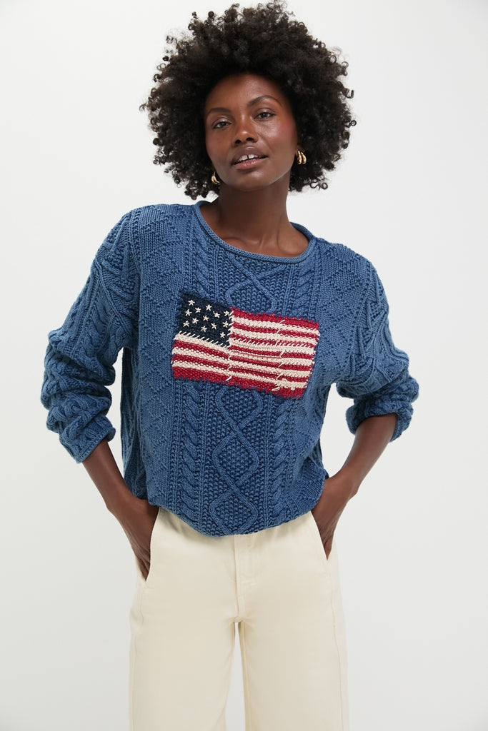 Indigo American Flag Long Sleeve Pullover Sweater