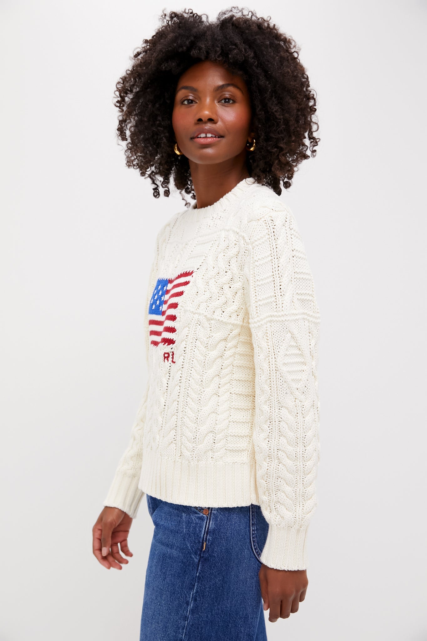 Cream American Flag Long Sleeve Pullover