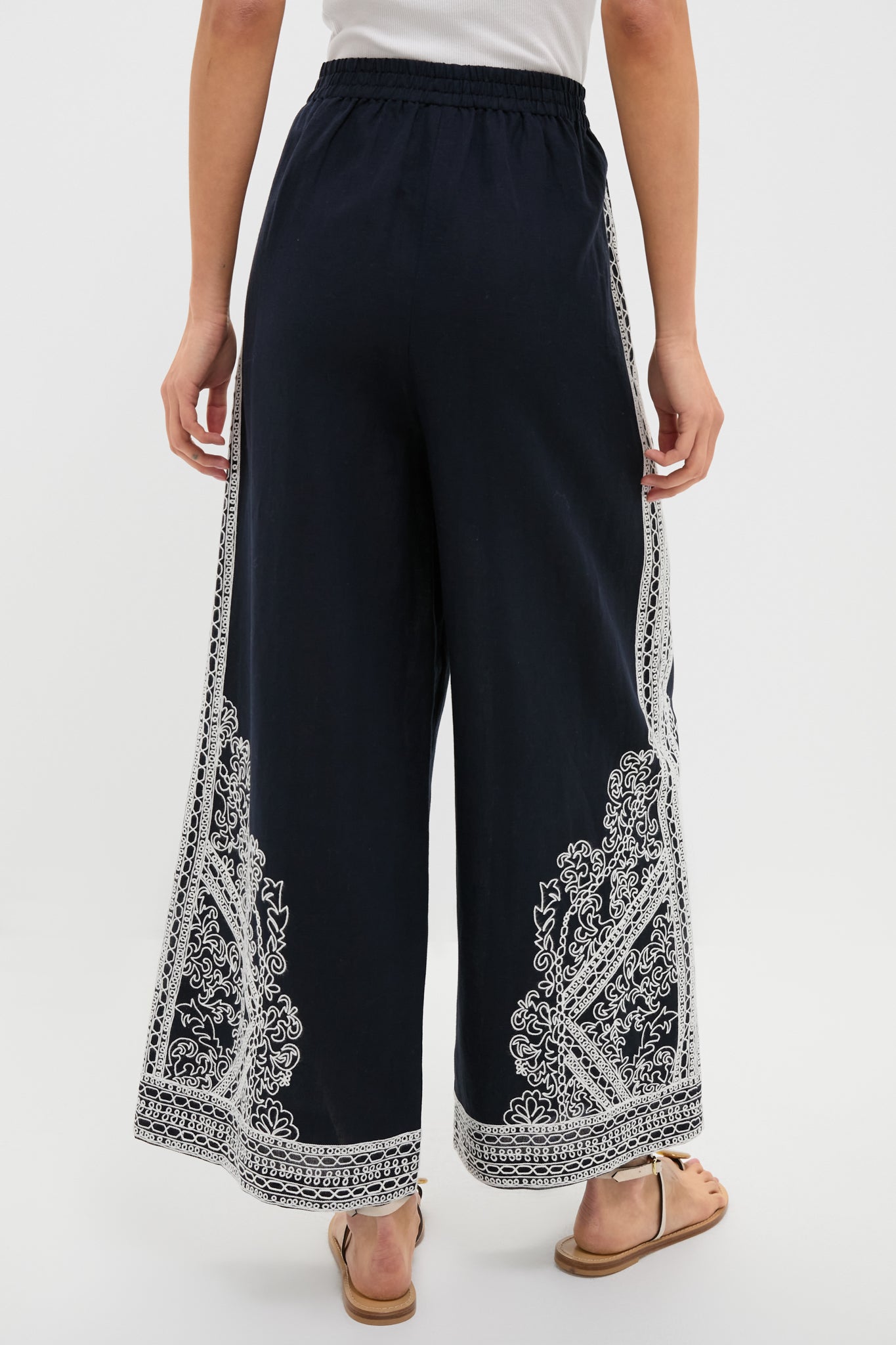 Navy and White Embroidered Emme Pants