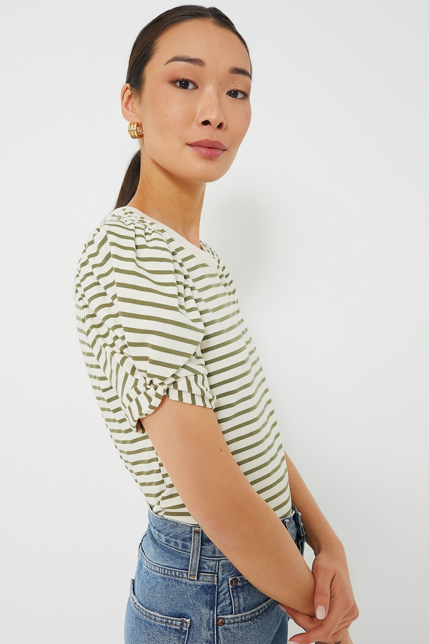 Olive Striped Vesty Puff Short Sleeve Crewneck