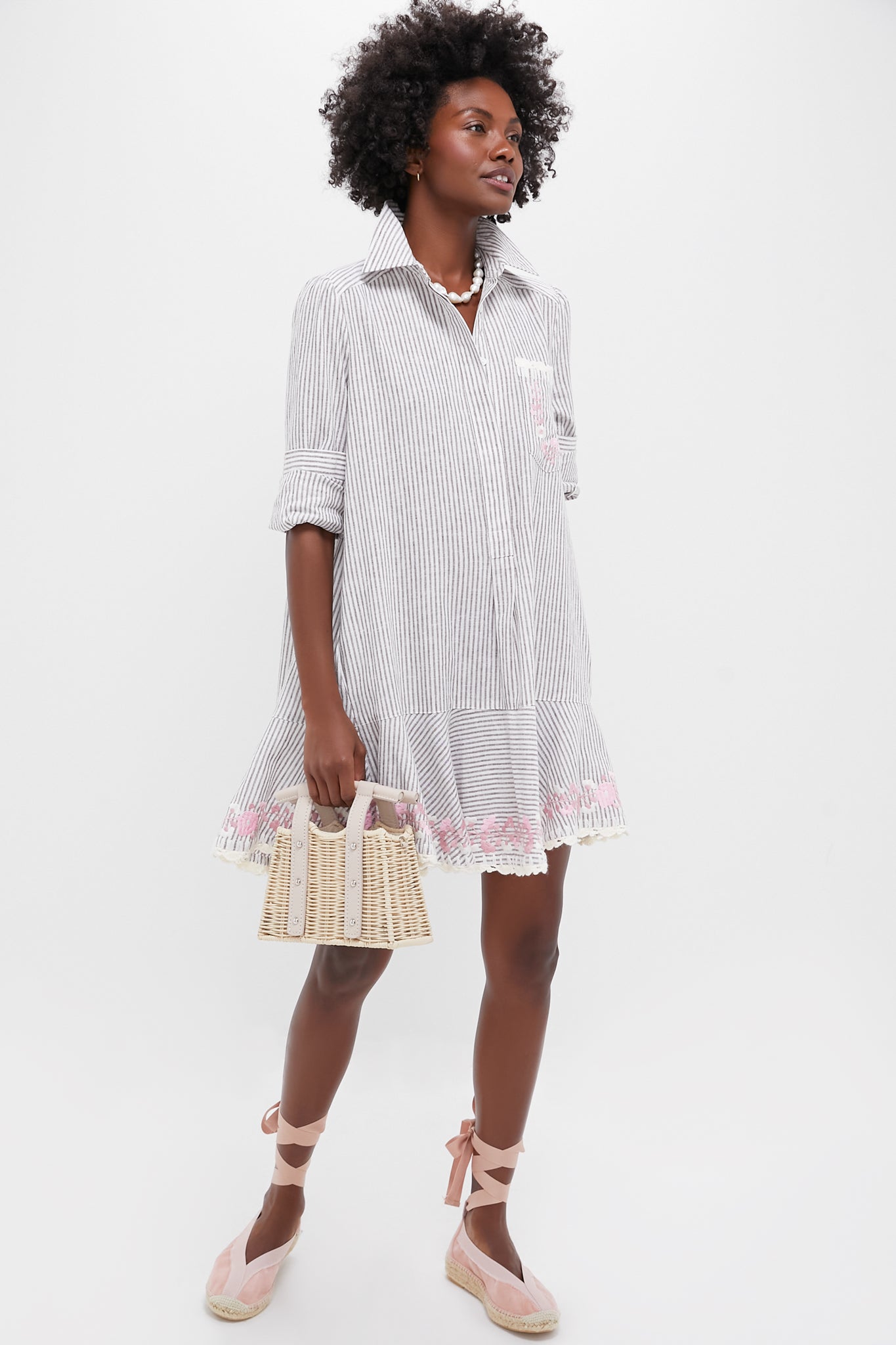 Tan Stripe Embroidered Floral Callahan Shirt Dress