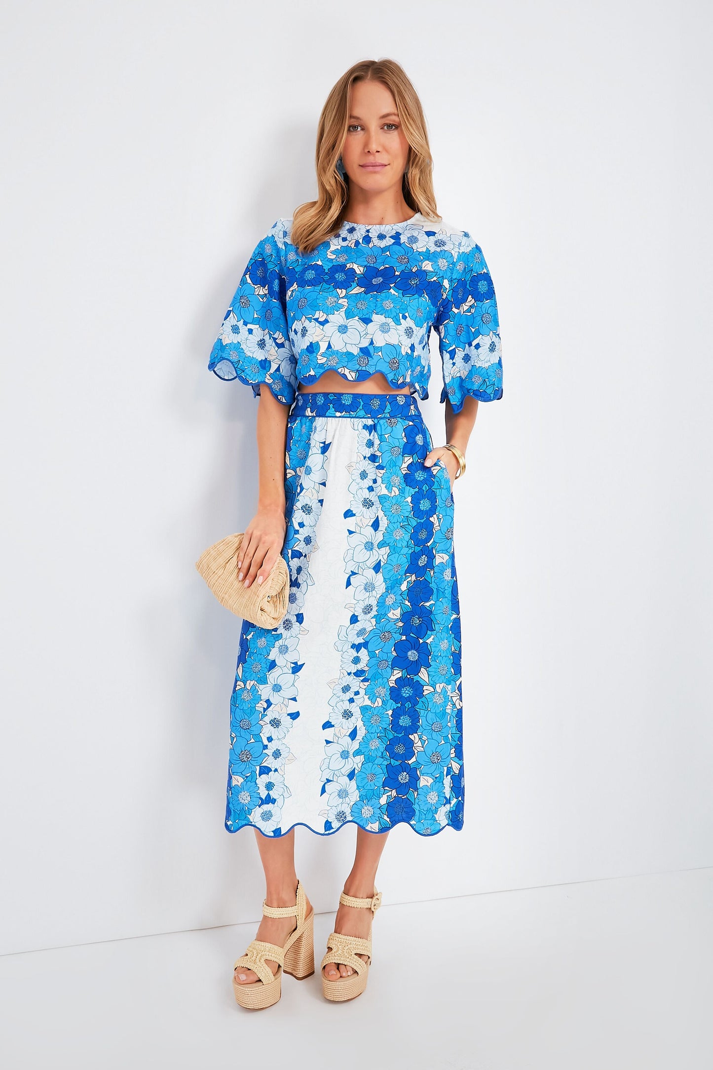 Flower Stripes Off White Midi Skirt