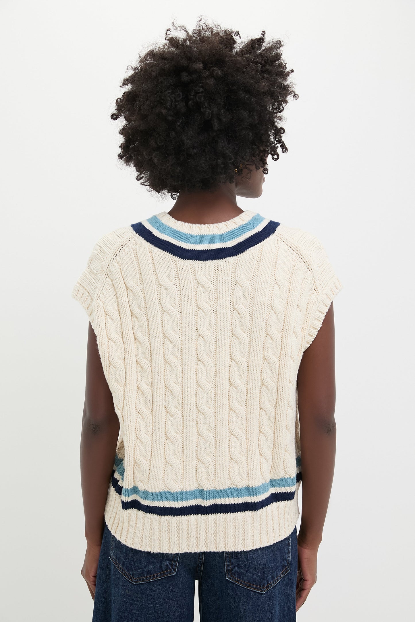 Cream and Blue Multi Sleeveless V-Neck Pullover Sweater