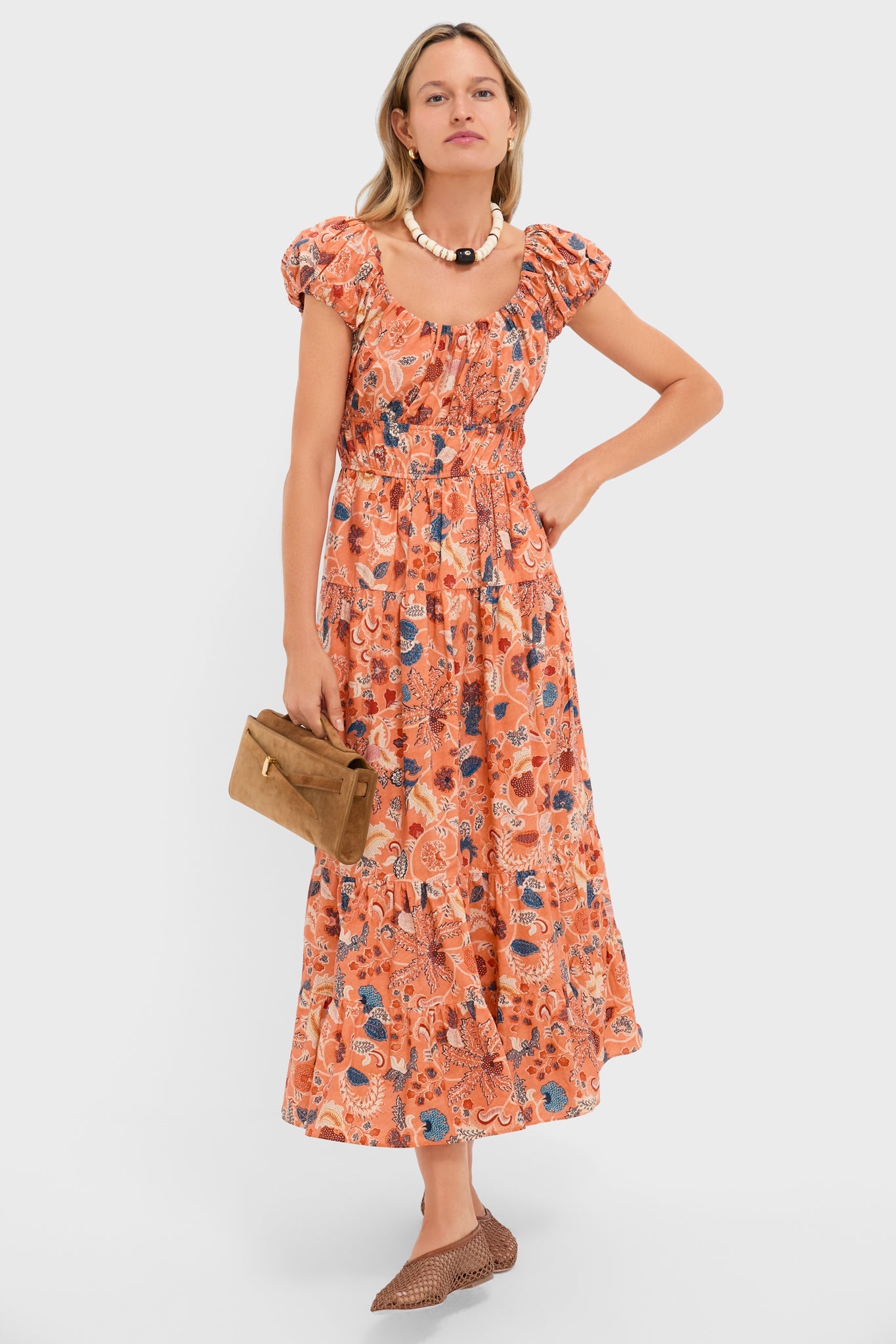 Coral Peony Paloma Cap Sleeve Midi Dress