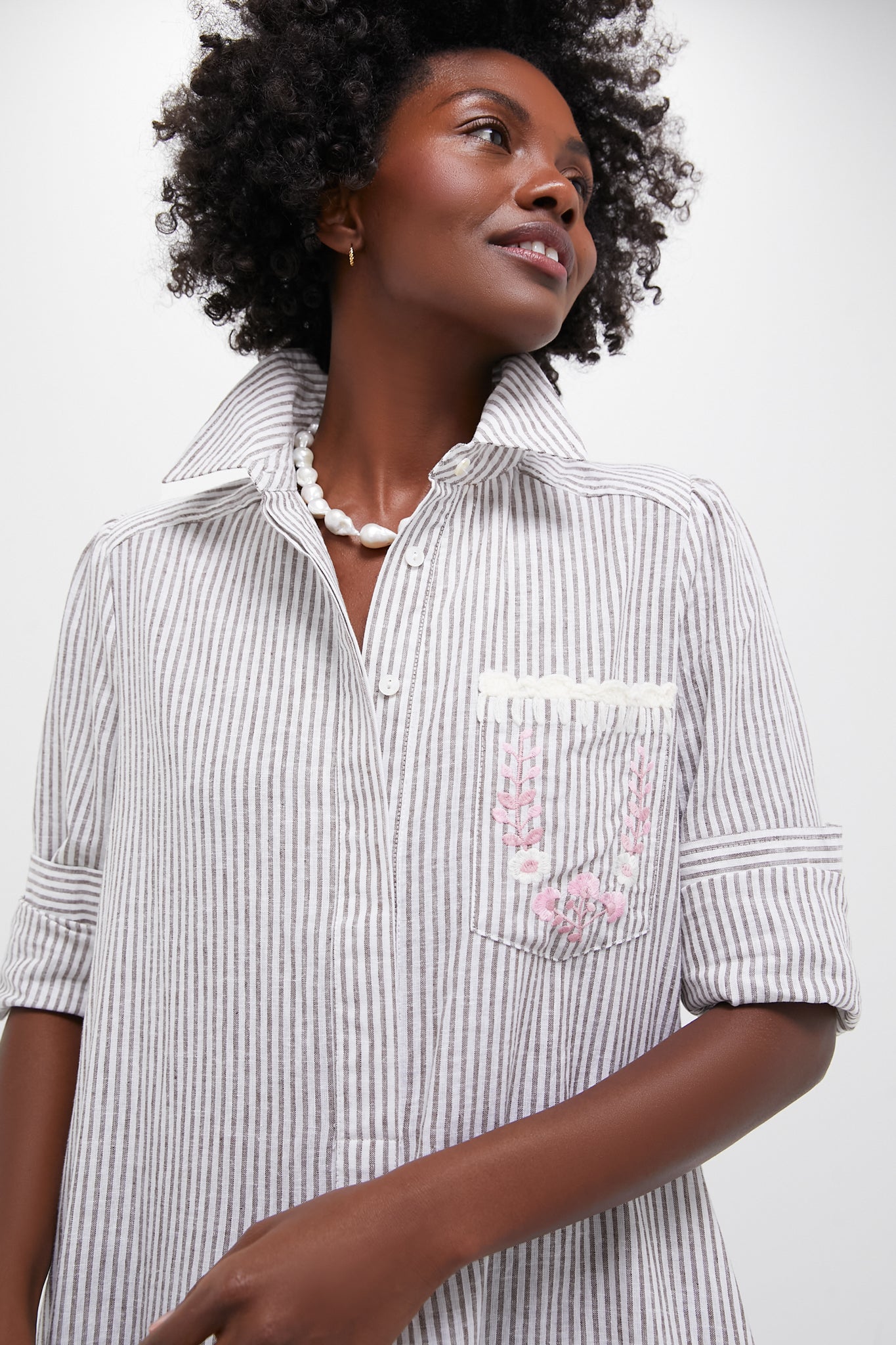 Tan Stripe Embroidered Floral Callahan Shirt Dress