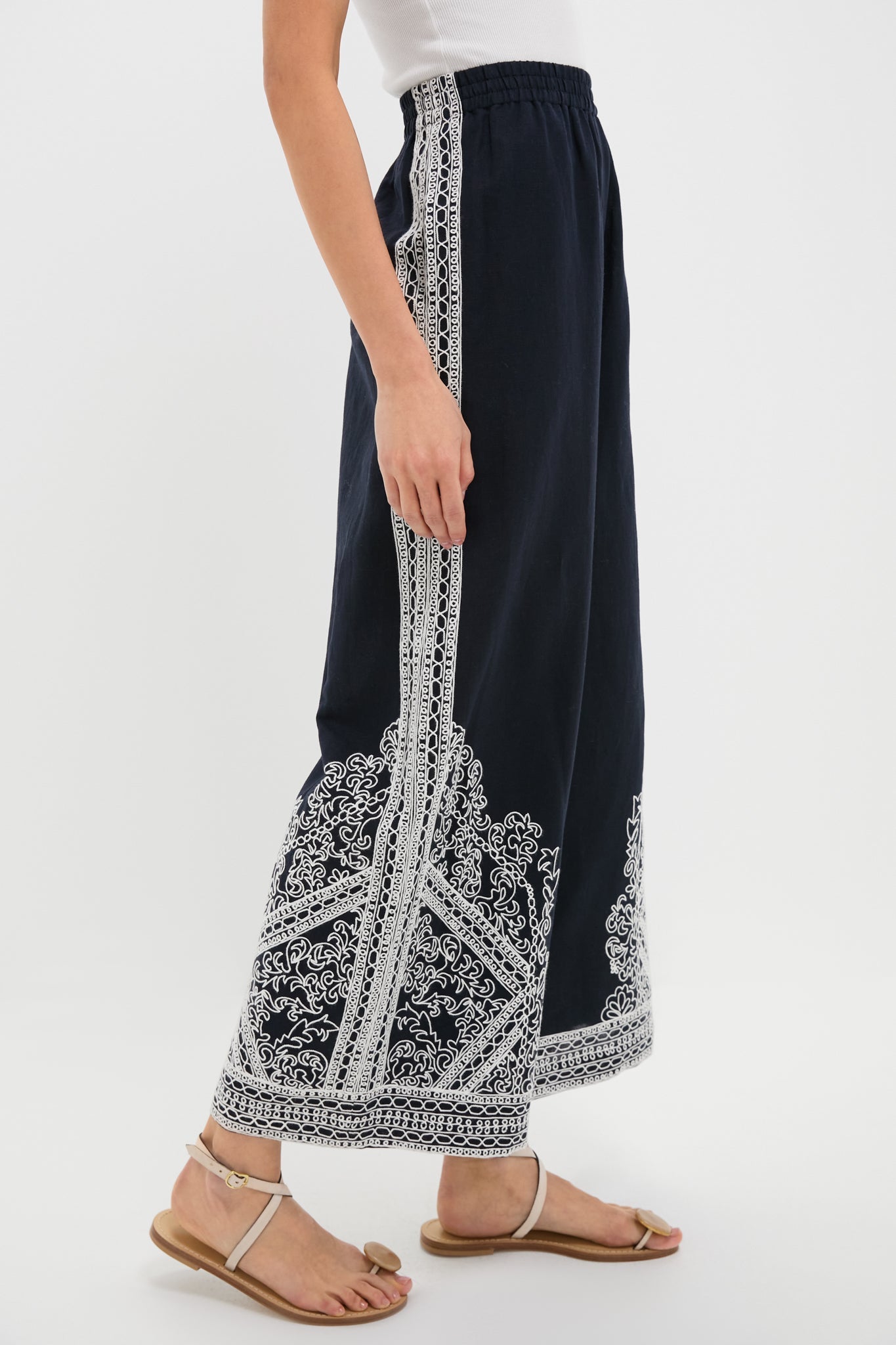 Navy and White Embroidered Emme Pants