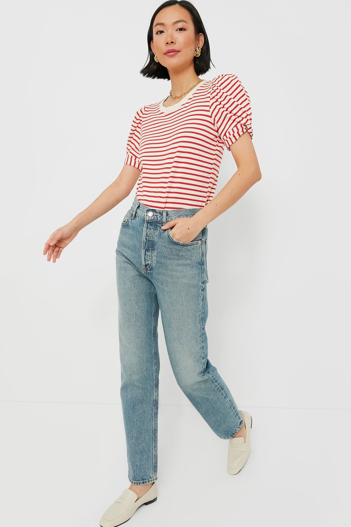 Red Striped Vesty Puff Short Sleeve Crewneck