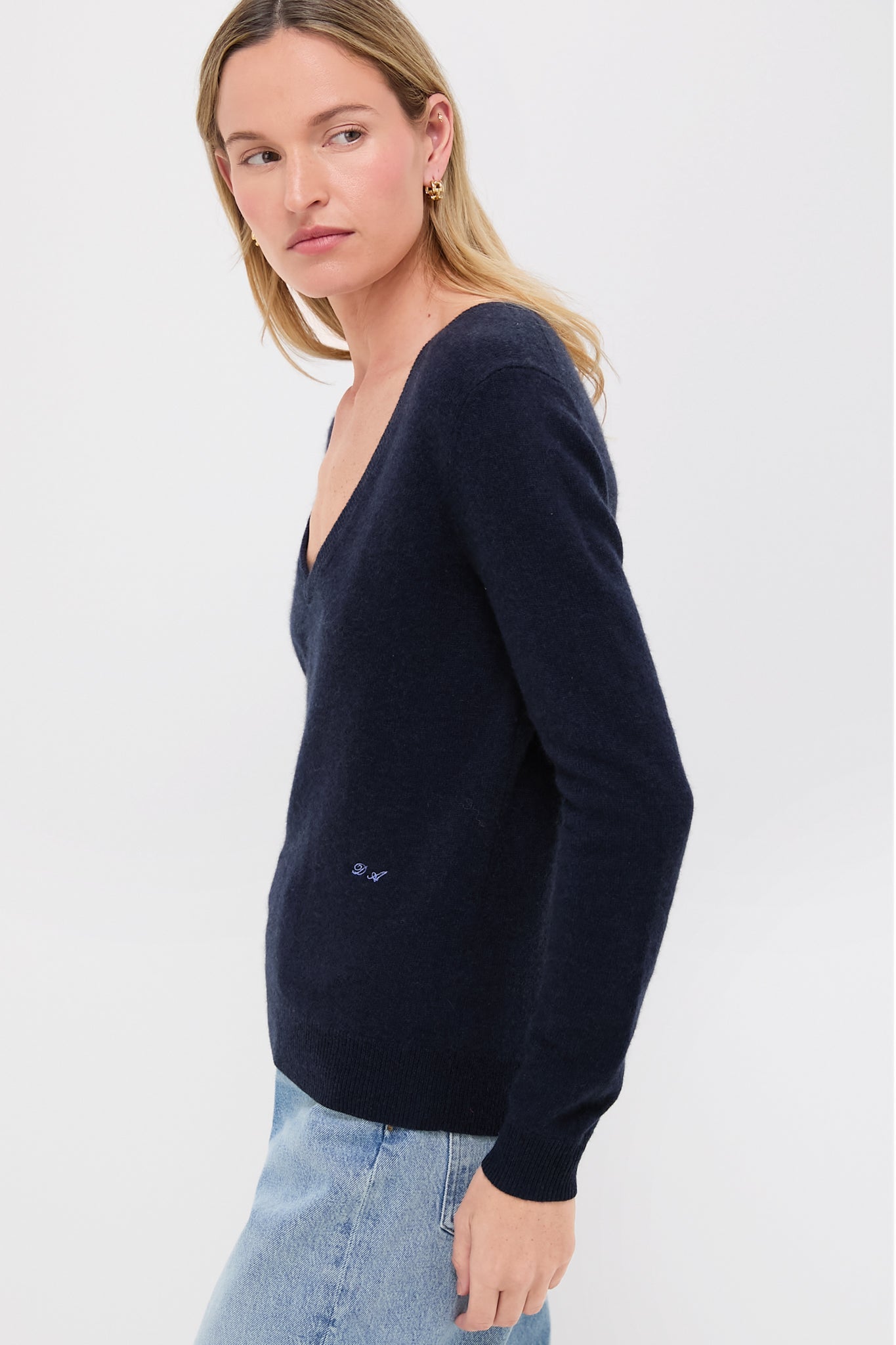 Navy Cashmere V-Neck Sweater