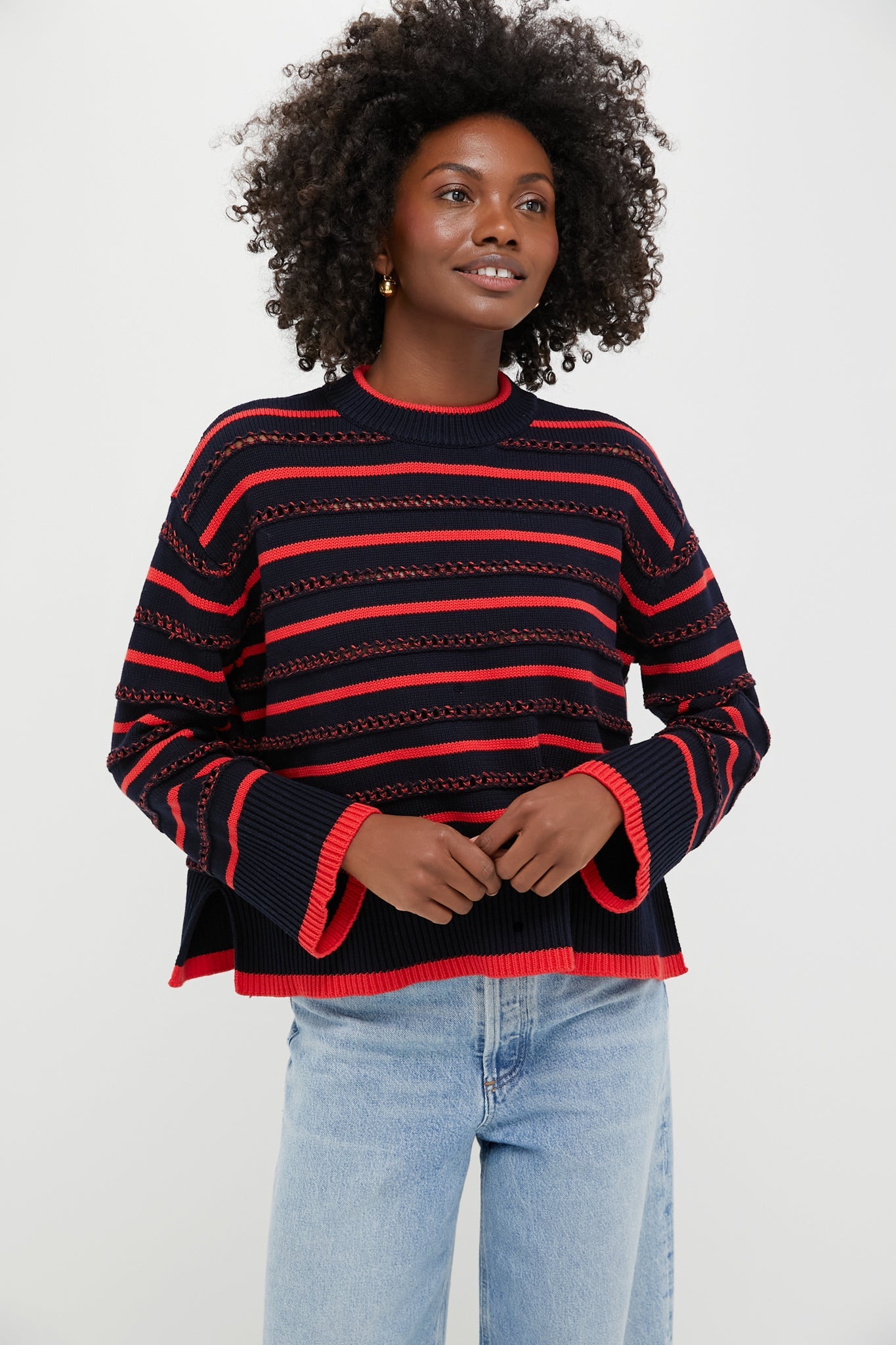 Navy and Red Pointelle Stripe Maxine Sweater