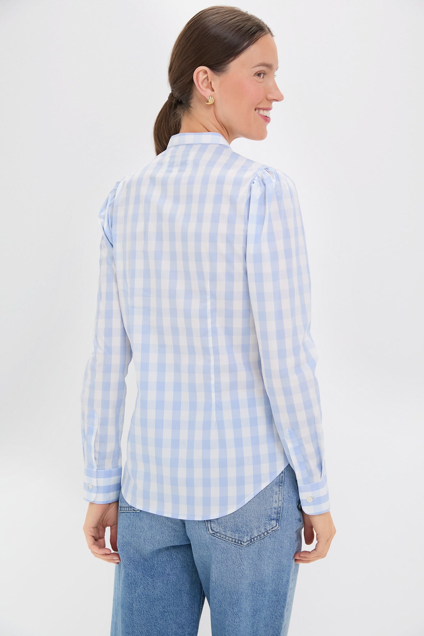 Exclusive Sky Blue Gingham Puffed Shoulder Shirt