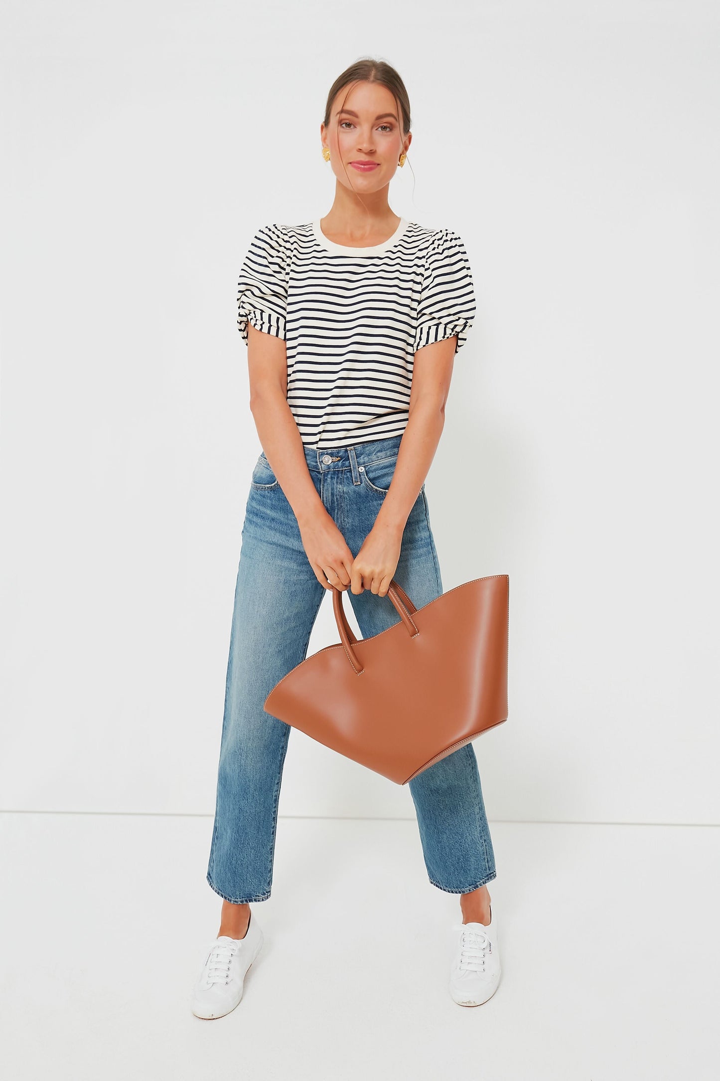 Navy Striped Vesty Puff Short Sleeve Crewneck