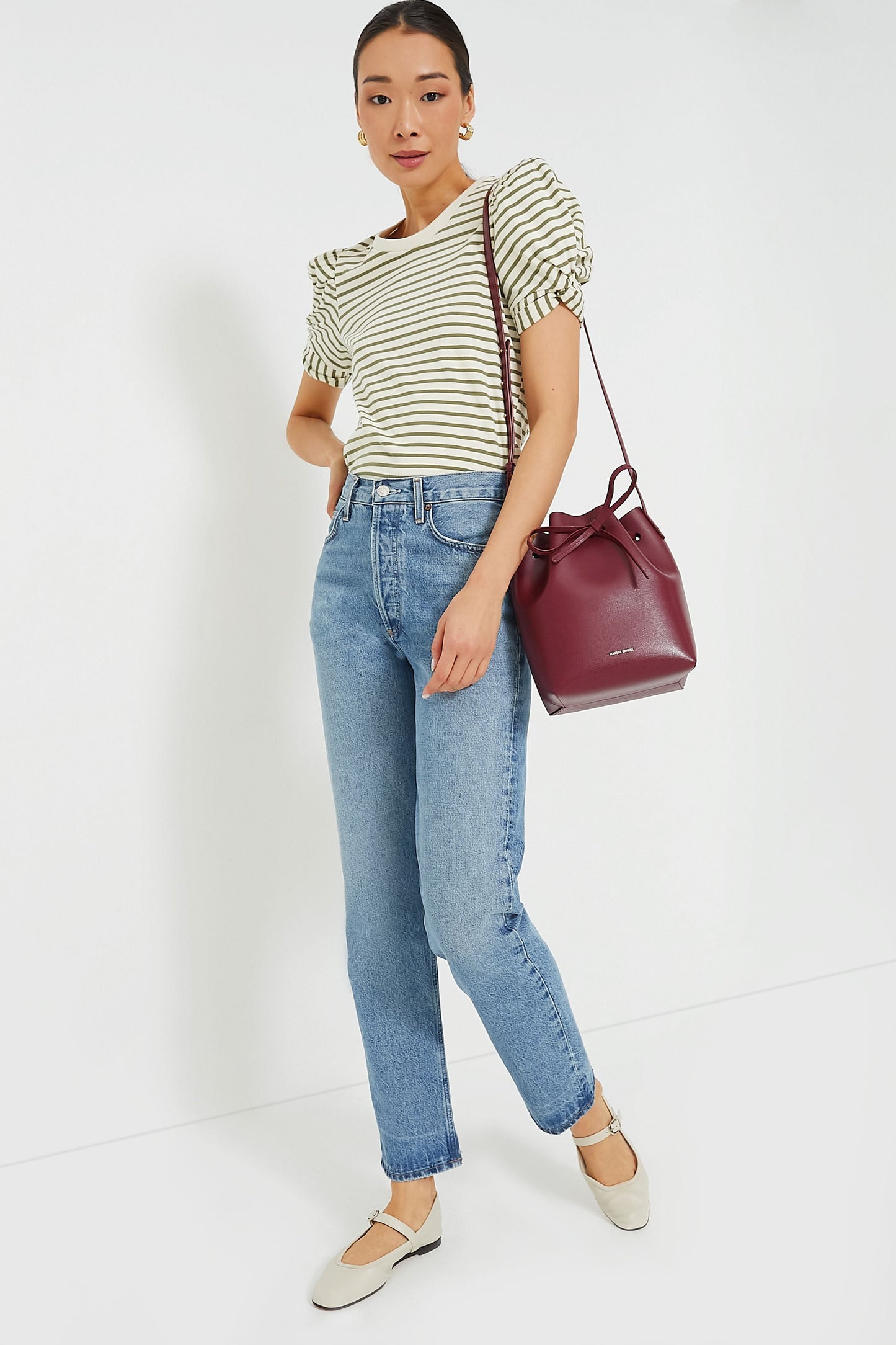 Olive Striped Vesty Puff Short Sleeve Crewneck