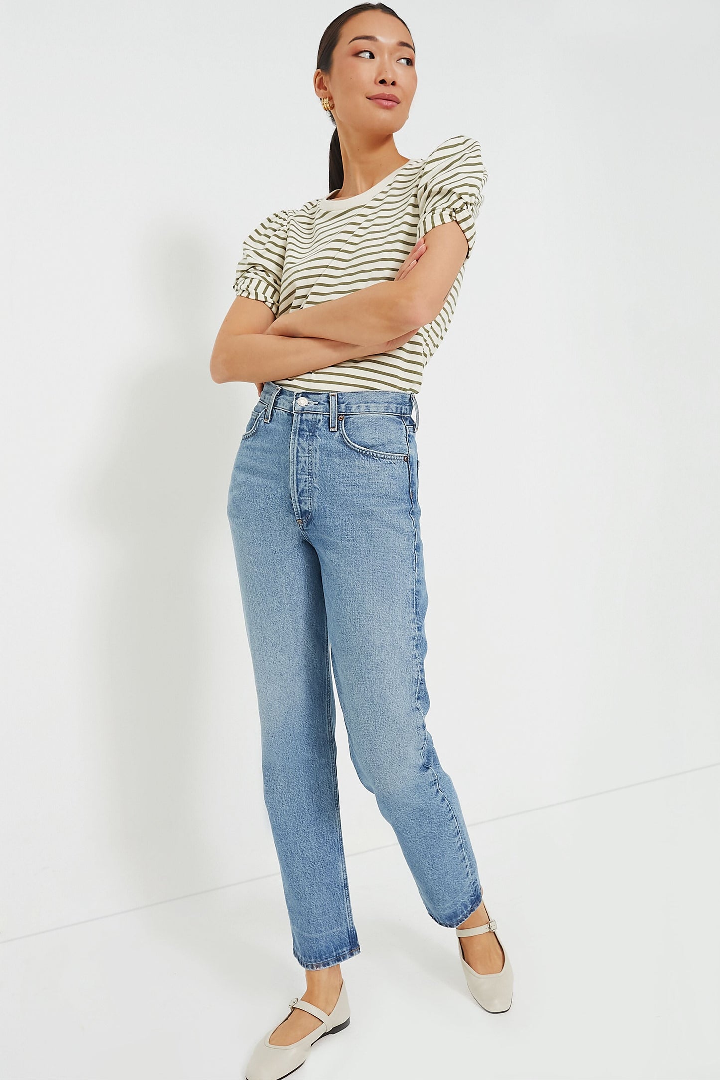 Olive Striped Vesty Puff Short Sleeve Crewneck