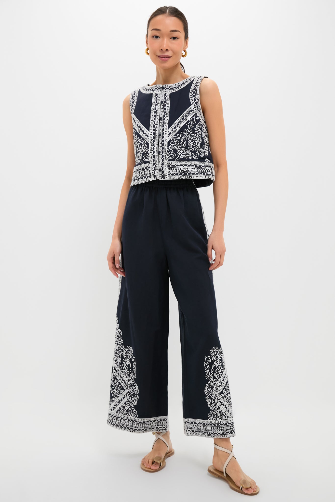 Navy and White Embroidered Emme Pants