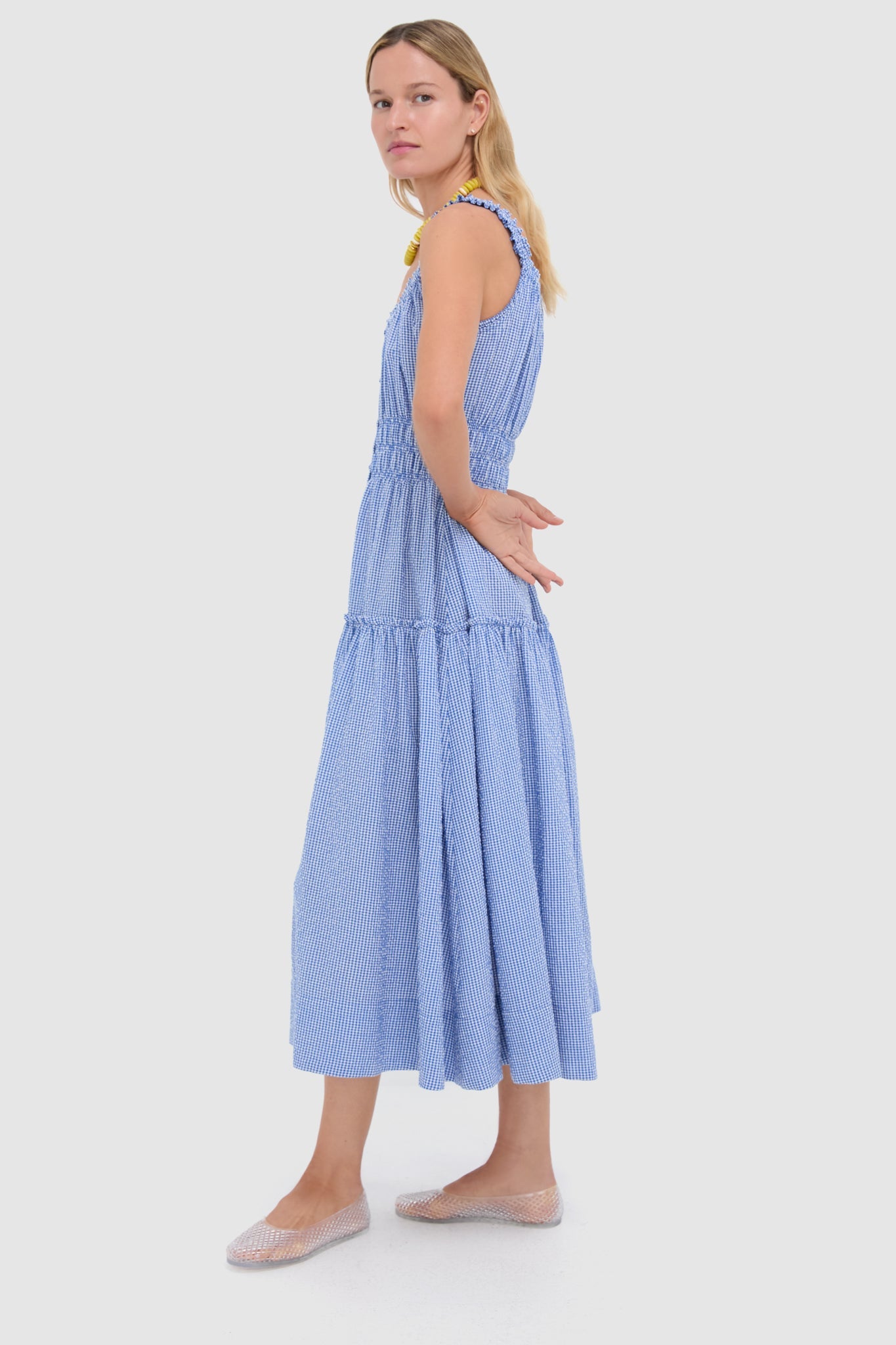 Blue and White Gingham Seersucker Landis Maxi Dress