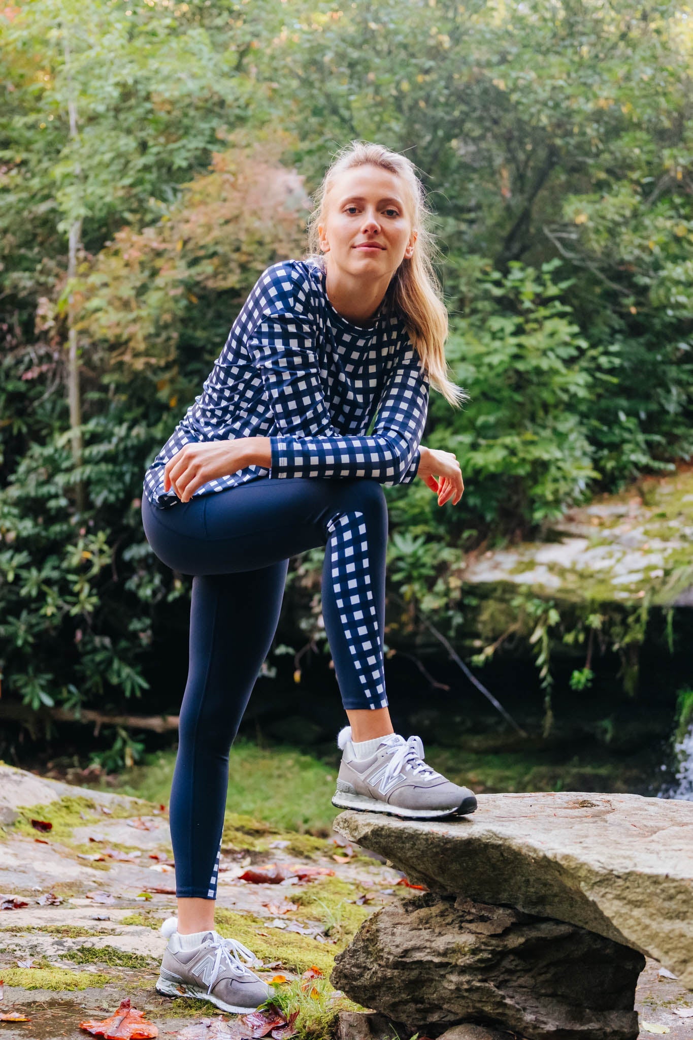 Navy Trellis Gingham Long Sleeve Ryan Boyfriend Tee