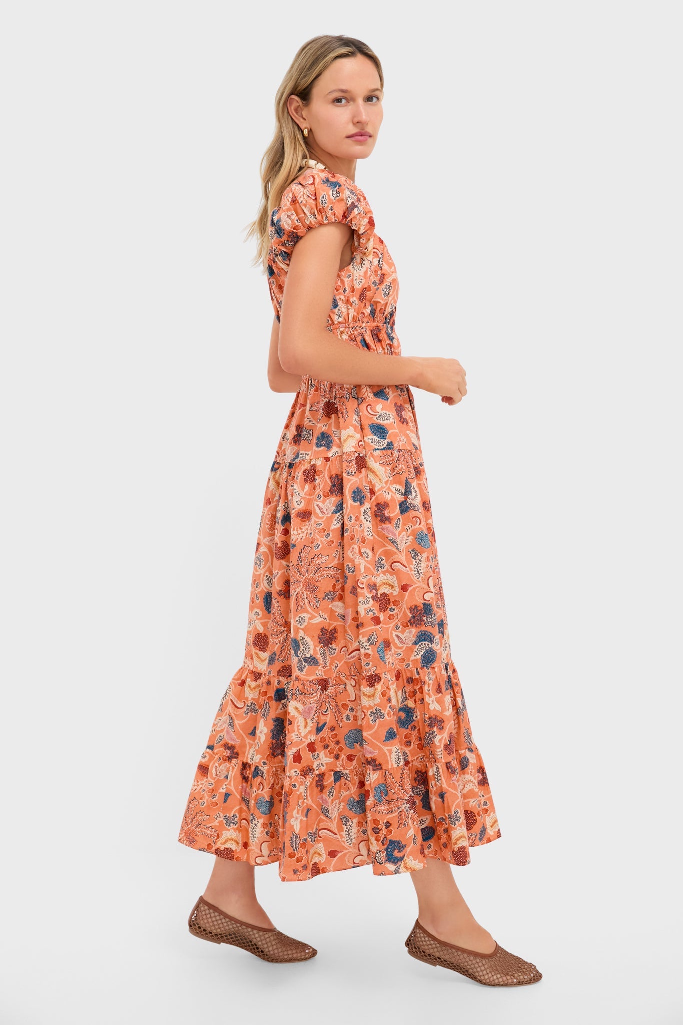 Coral Peony Paloma Cap Sleeve Midi Dress