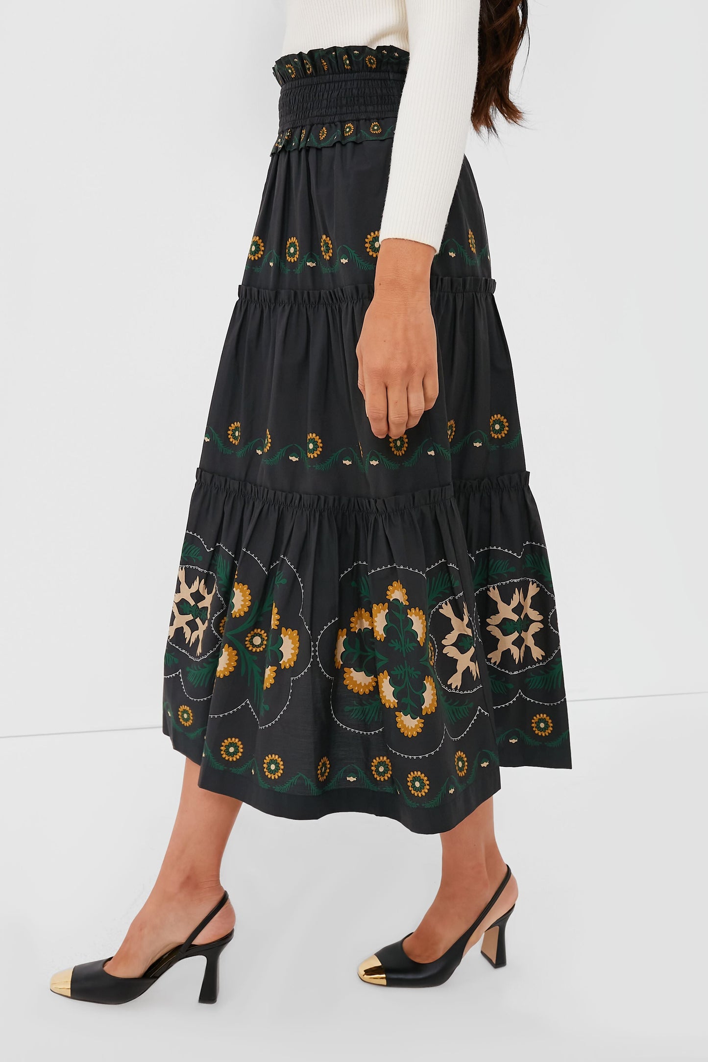 Black Perle Print Tiered Skirt