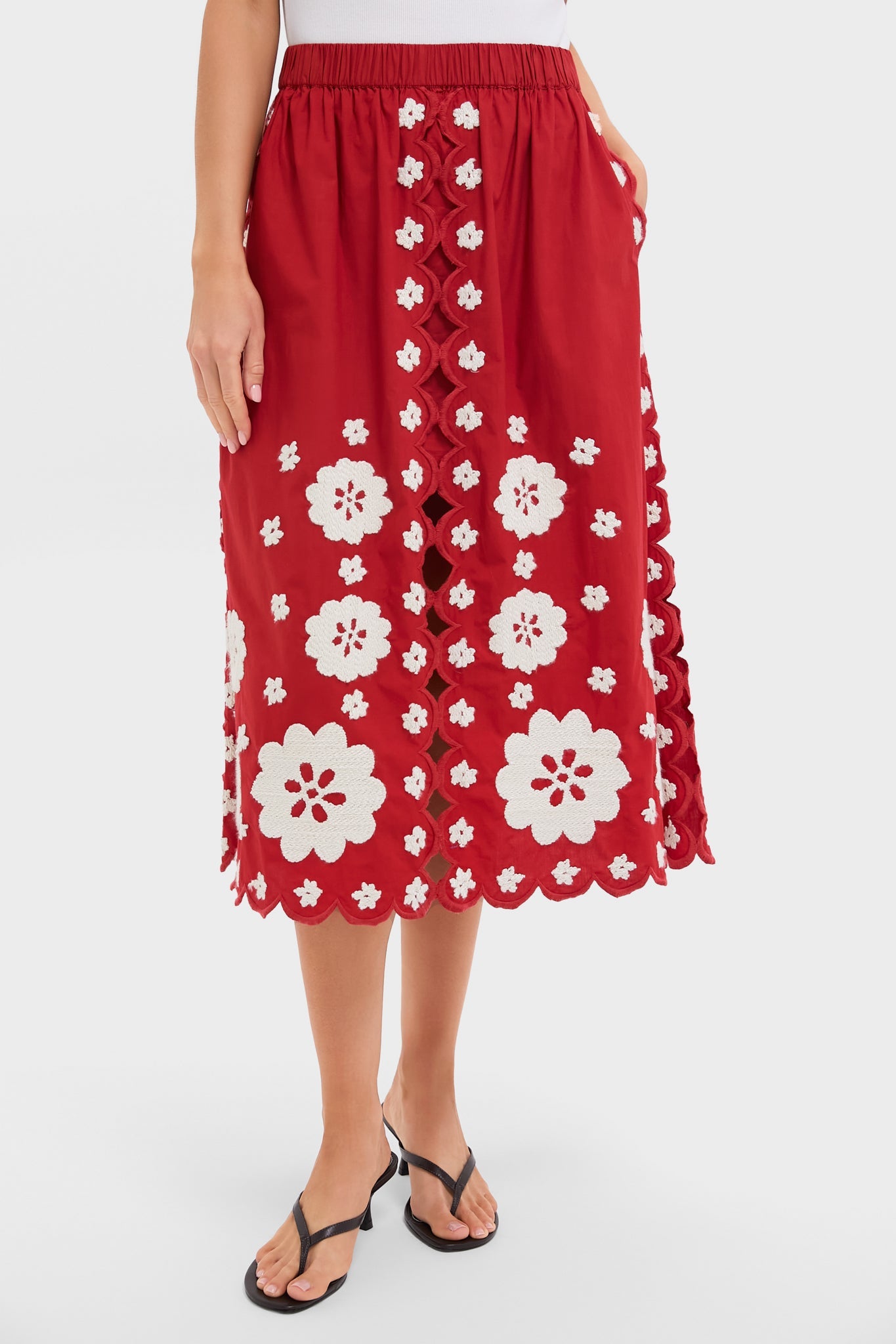 Red Catrine Applique Midi Scallop Skirt
