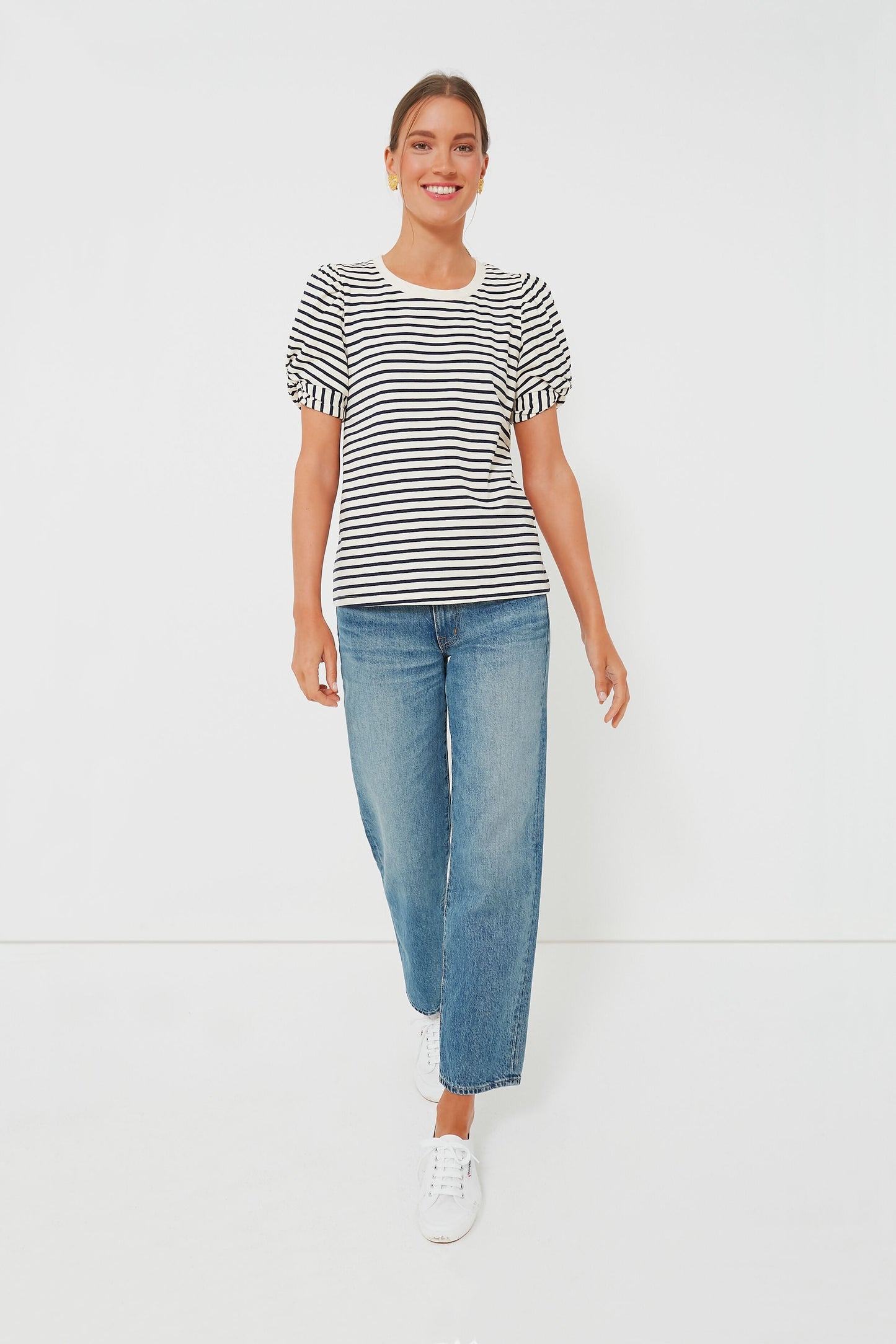 Navy Striped Vesty Puff Short Sleeve Crewneck