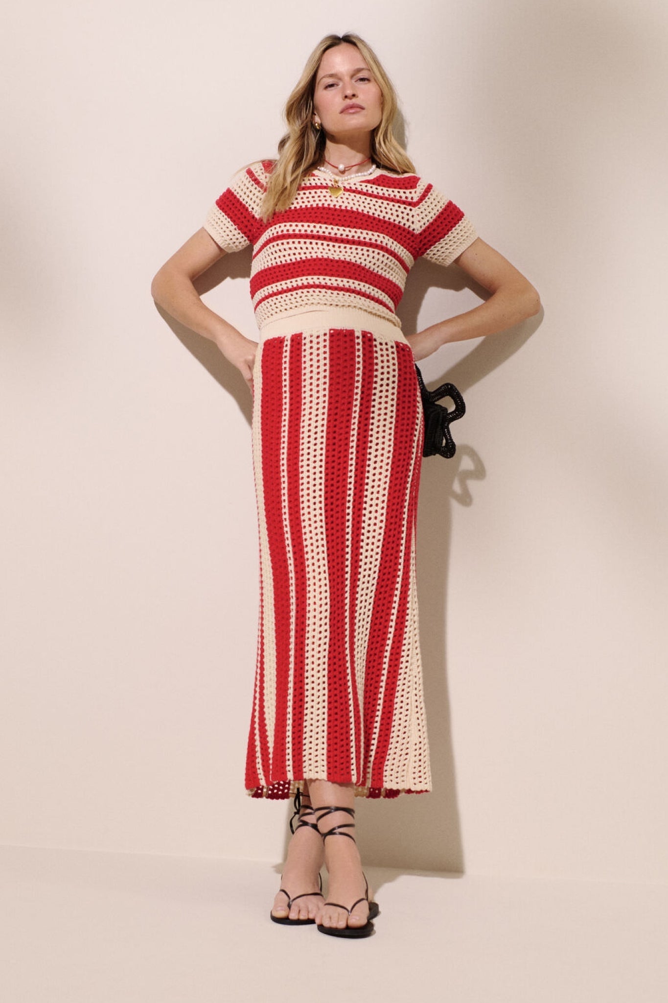 Burnt Red & Beige Striped Knit Ren Midi Skirt