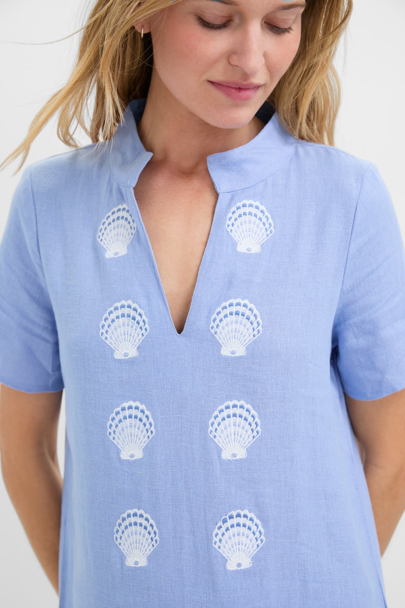 Blue and White Embroidered Shell Short Sleeve Caftan