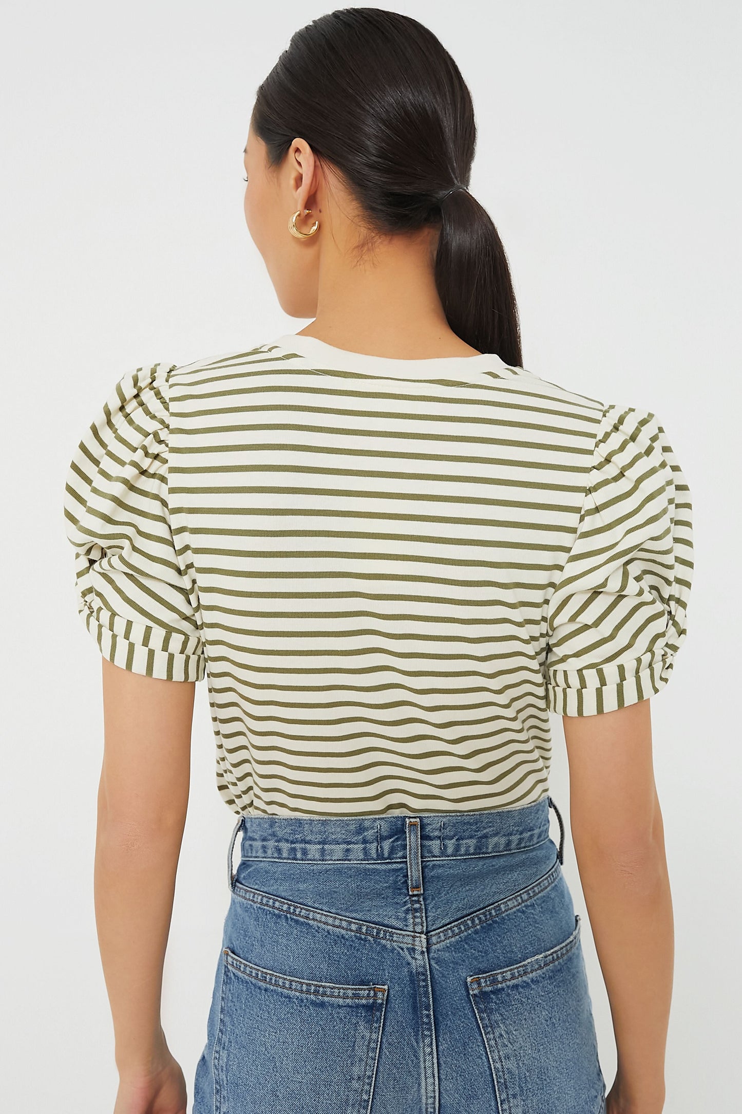 Olive Striped Vesty Puff Short Sleeve Crewneck