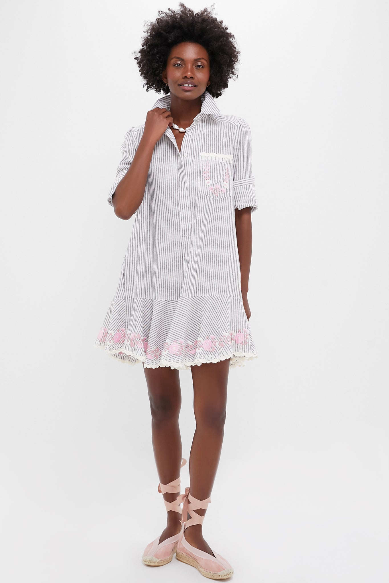 Tan Stripe Embroidered Floral Callahan Shirt Dress