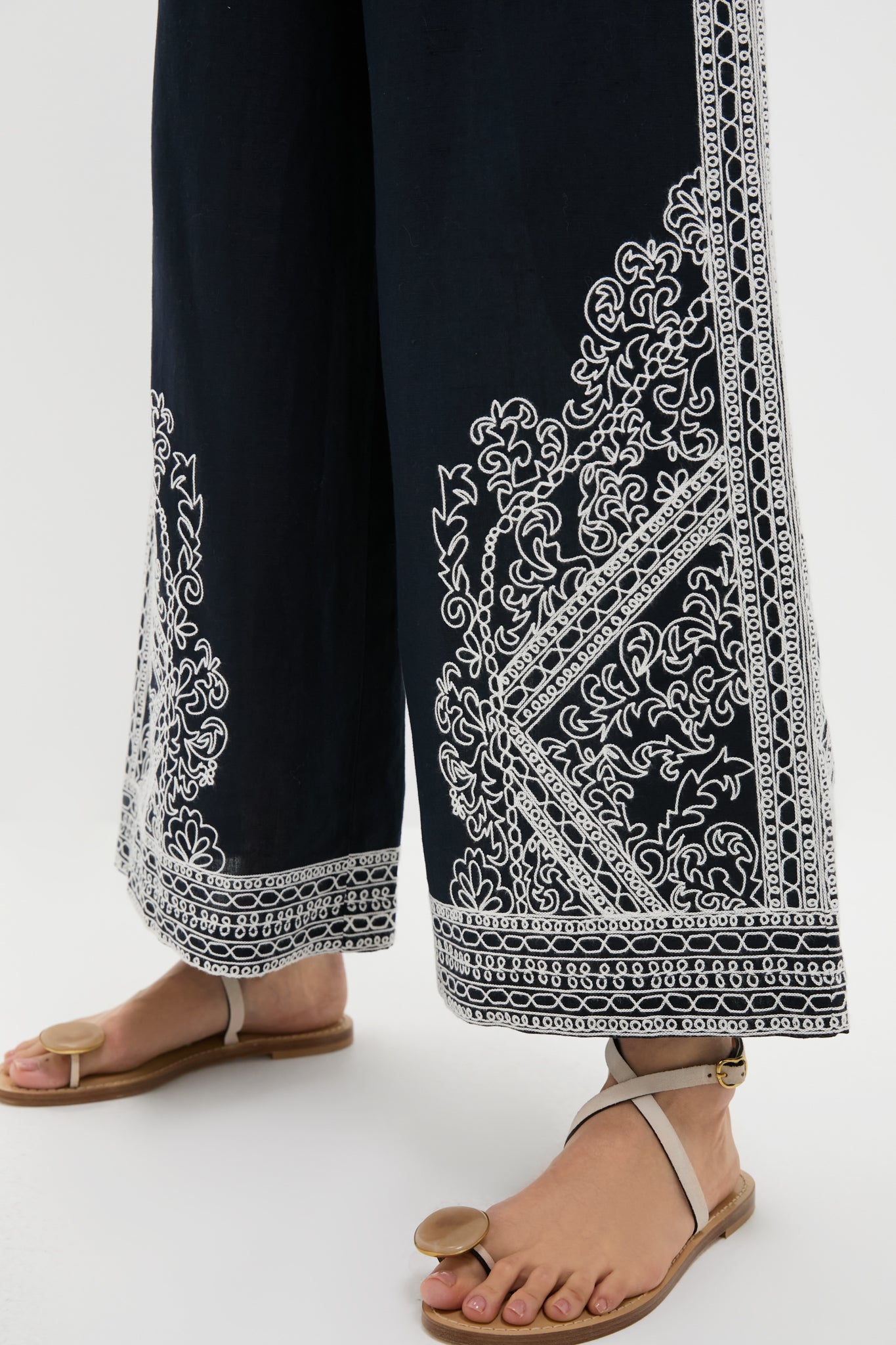 Navy and White Embroidered Emme Pants