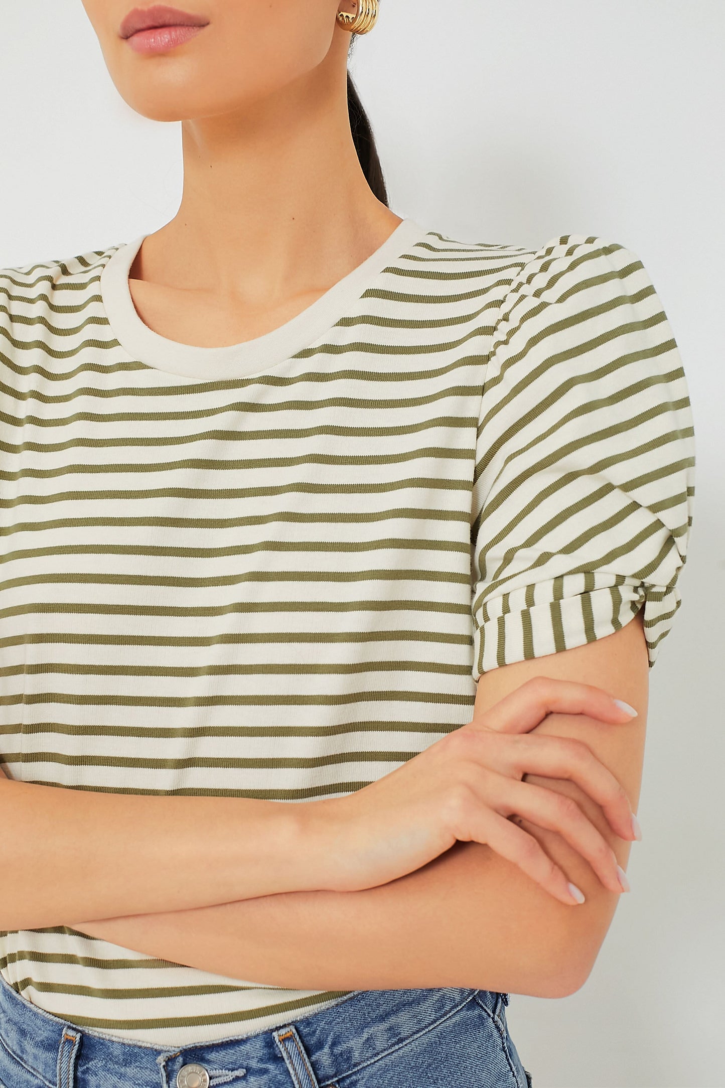 Olive Striped Vesty Puff Short Sleeve Crewneck