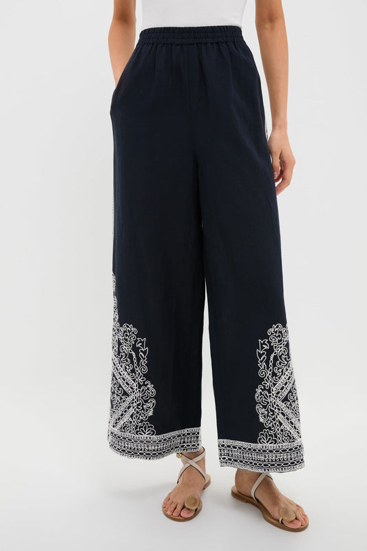Navy and White Embroidered Emme Pants