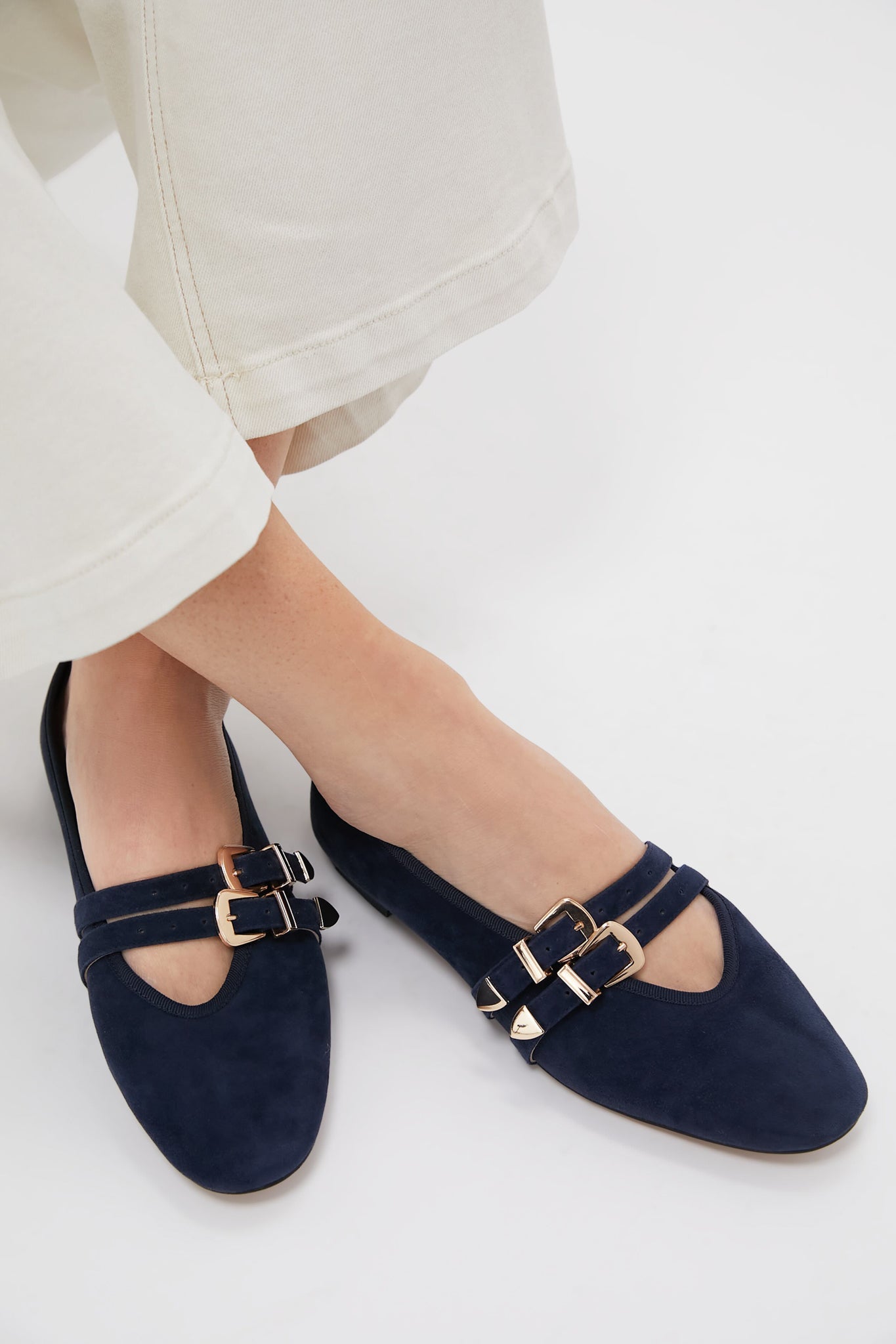 Navy Suede Buckle Nina Flats